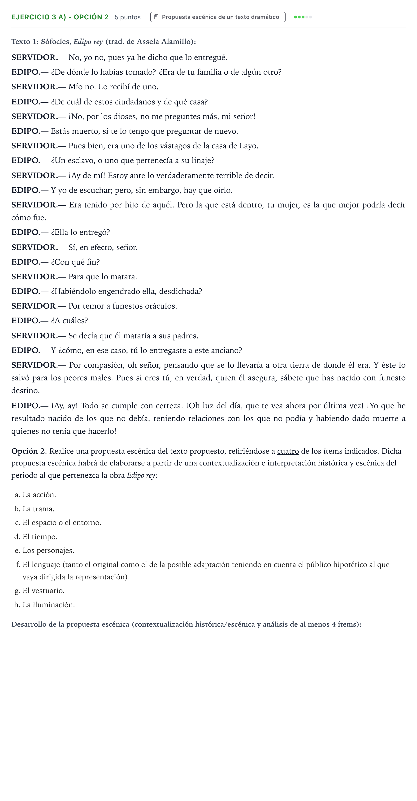 Enunciado: Ejercicio 3 a) - Opción 2 · Artes Escénicas PAU Aragón Ordinaria 2025