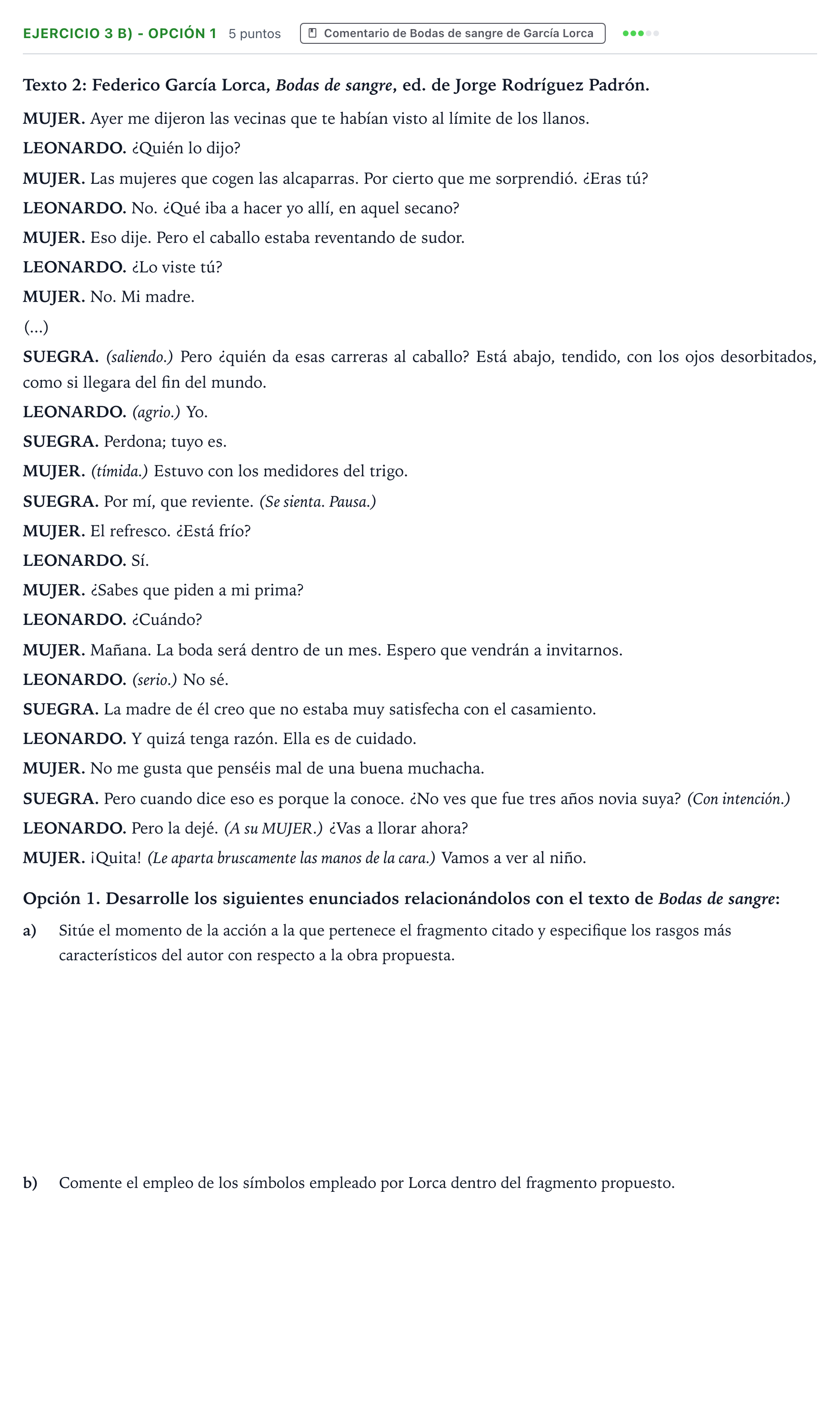 Enunciado: Ejercicio 3 b) - Opción 1 · Artes Escénicas PAU Aragón Ordinaria 2025