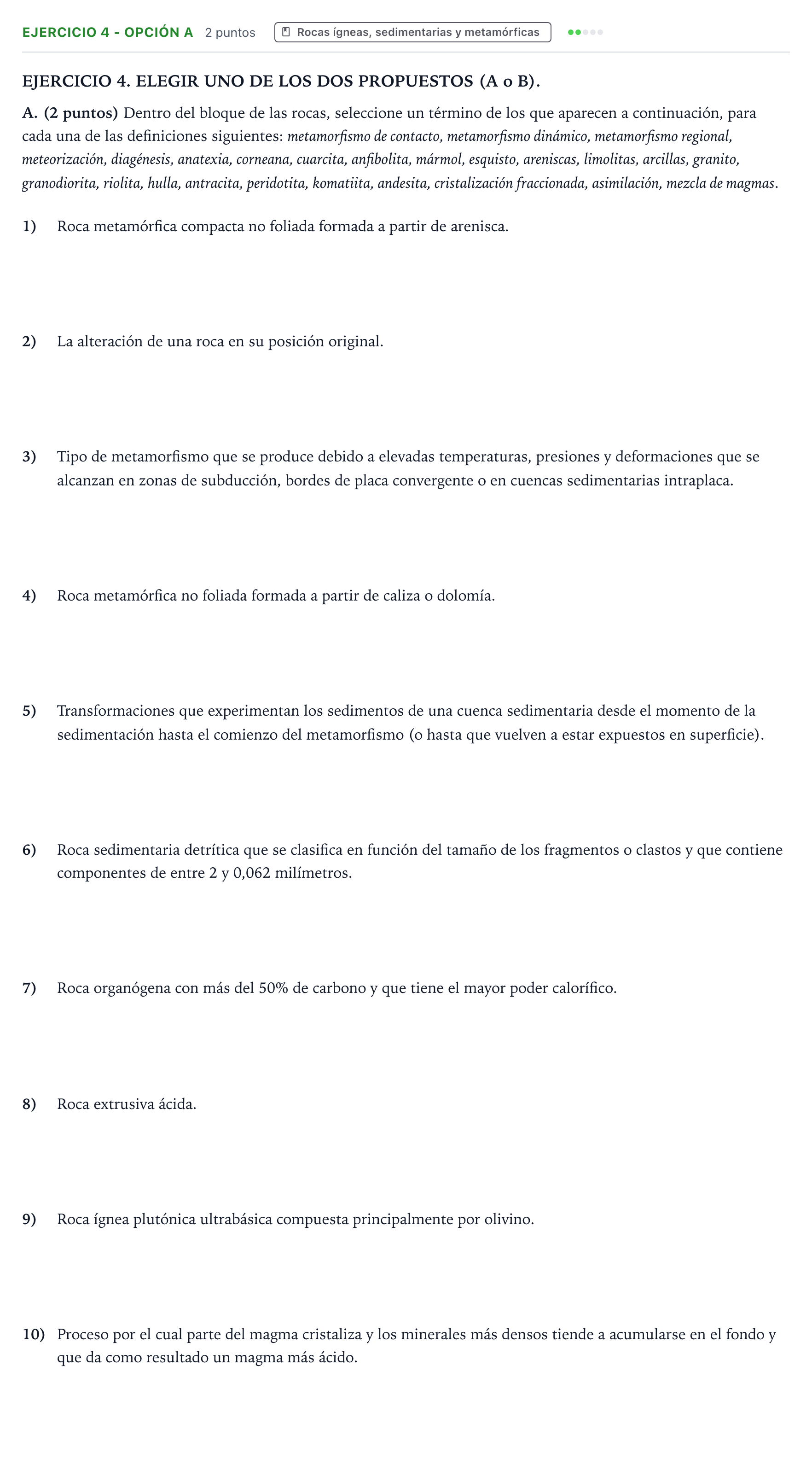 Enunciado: Ejercicio 4 - Opción A · Geología y Ciencias Ambientales PAU Aragón Ordinaria 2025