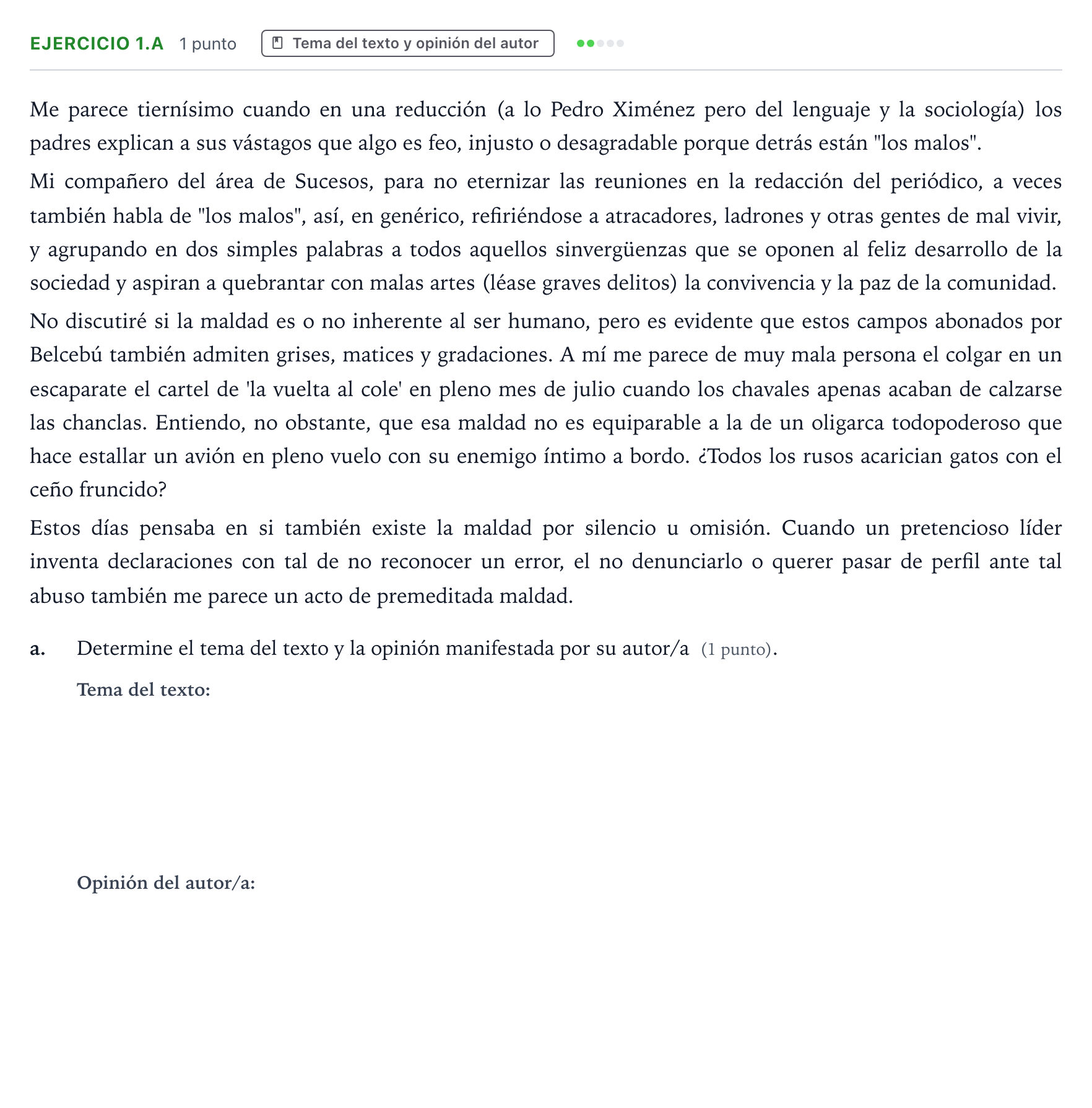 Enunciado: Ejercicio 1.a - Tema del texto y opinión del autor · Lengua Castellana y Literatura II PAU Aragón Ordinaria 2025