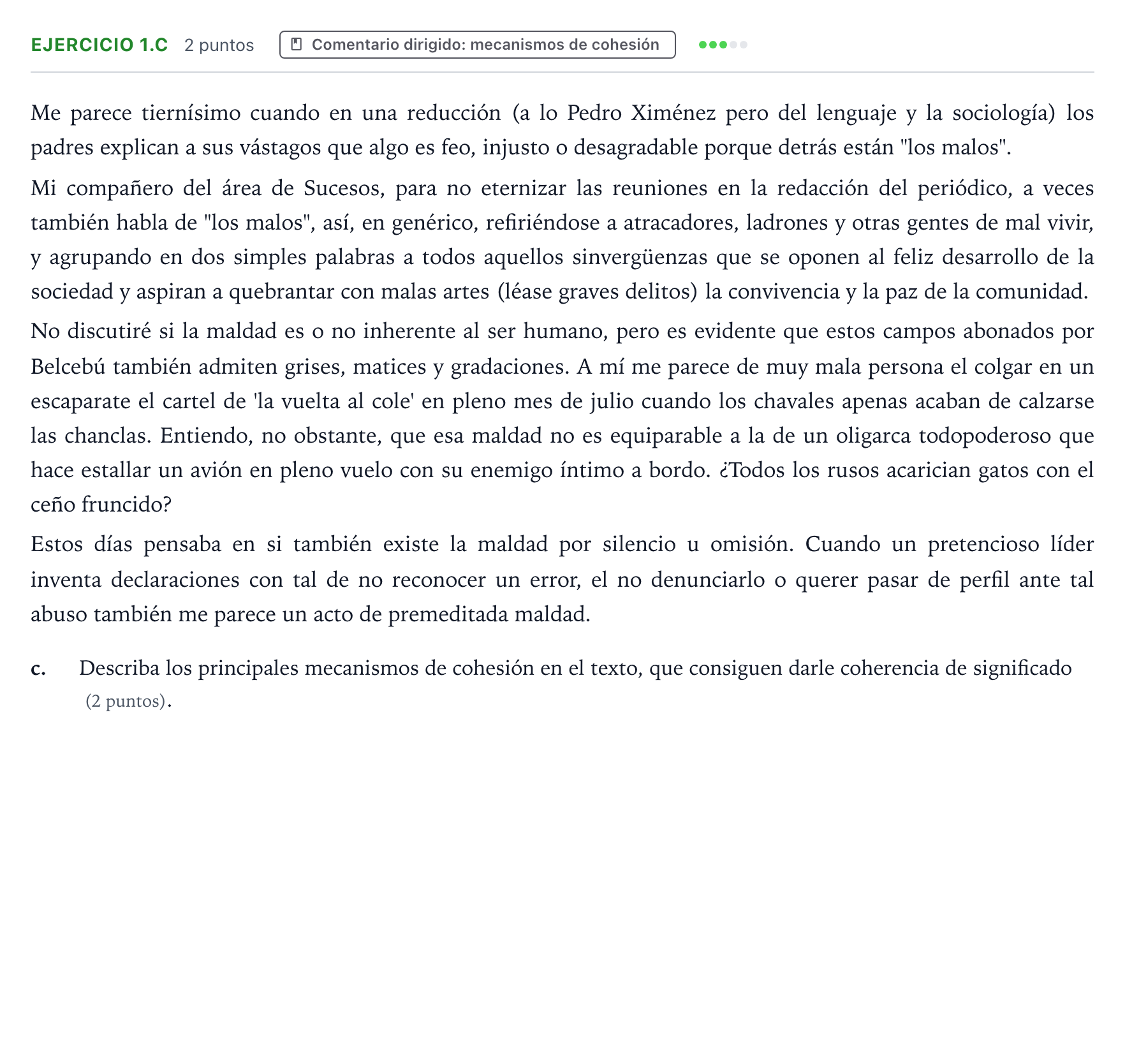 Enunciado: Ejercicio 1.c - Comentario dirigido: mecanismos de cohesión · Lengua Castellana y Literatura II PAU Aragón Ordinaria 2025