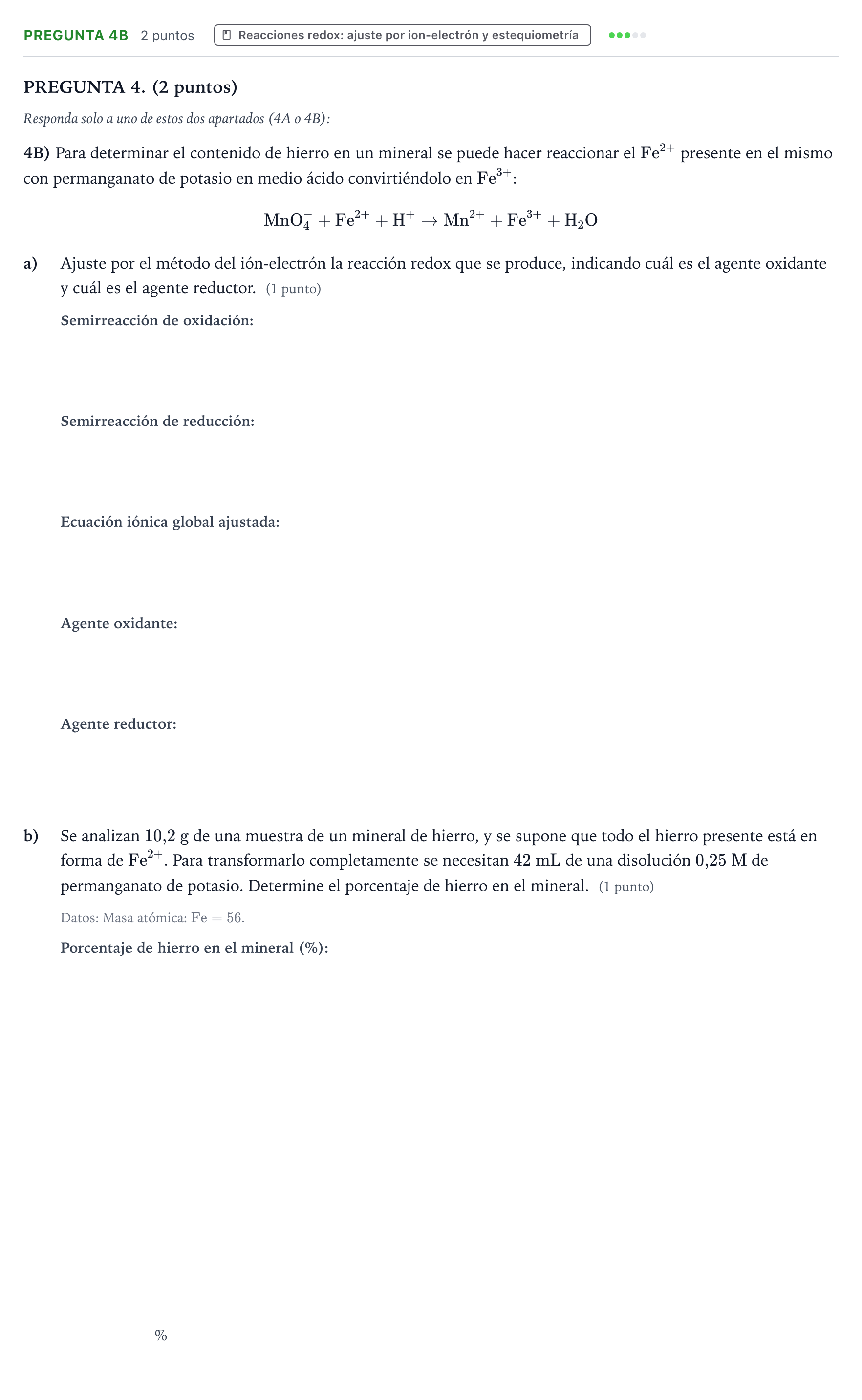 Enunciado: Pregunta 4B · Química PAU Aragón Extraordinaria 2025