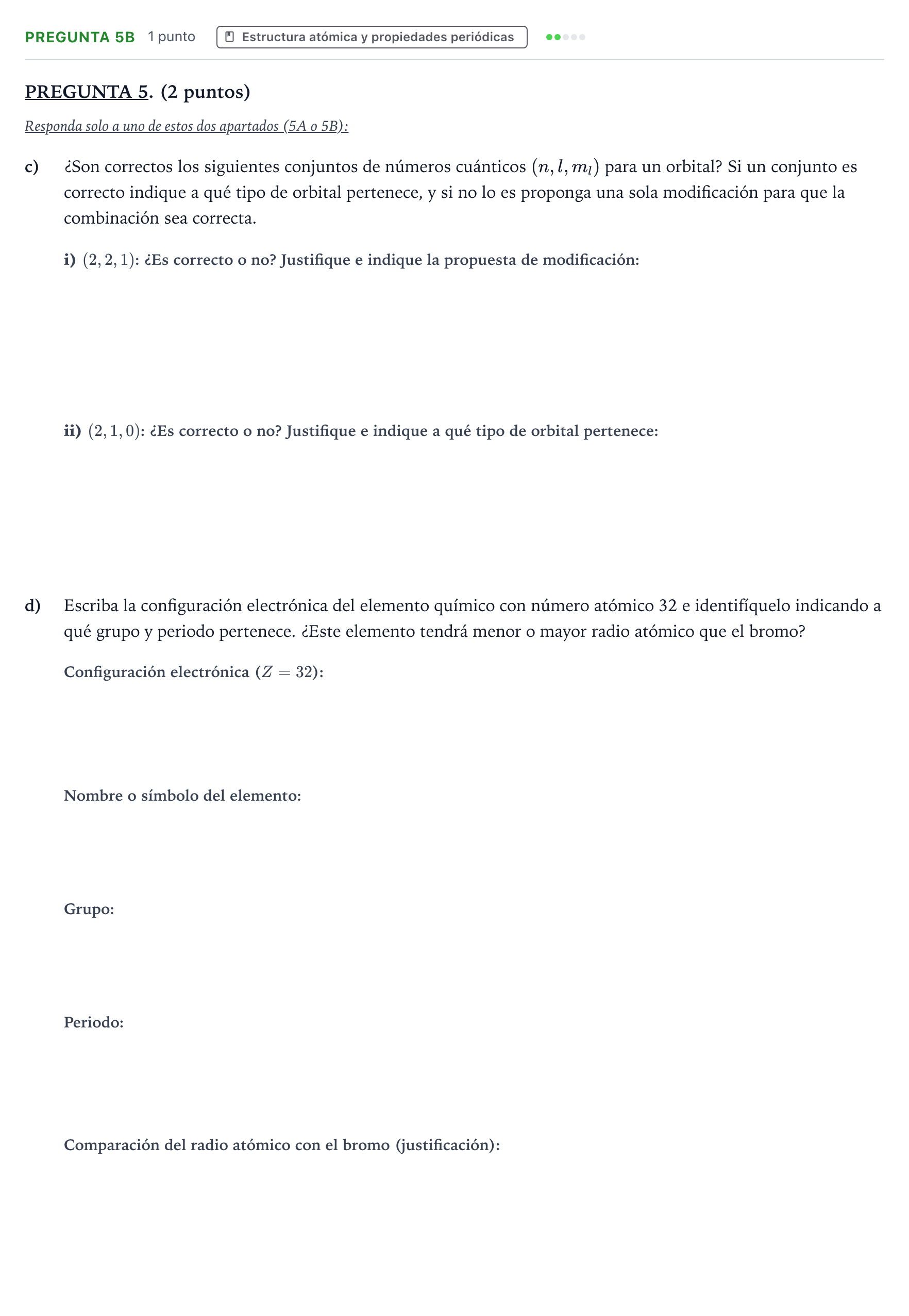 Enunciado: Pregunta 5B - Estructura atómica · Química PAU Aragón Extraordinaria 2025