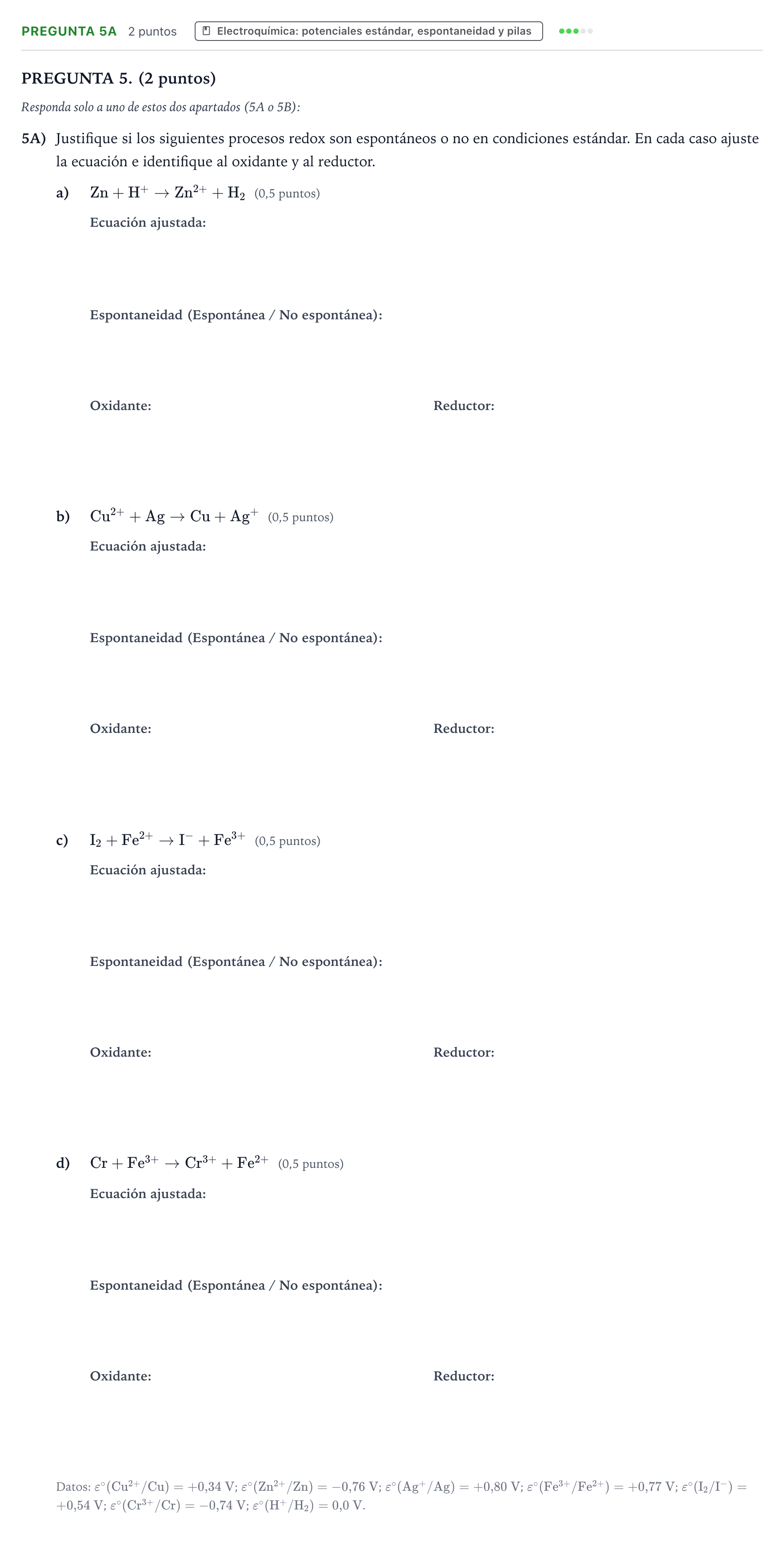 Enunciado: Pregunta 5A · Química PAU Aragón Ordinaria 2025