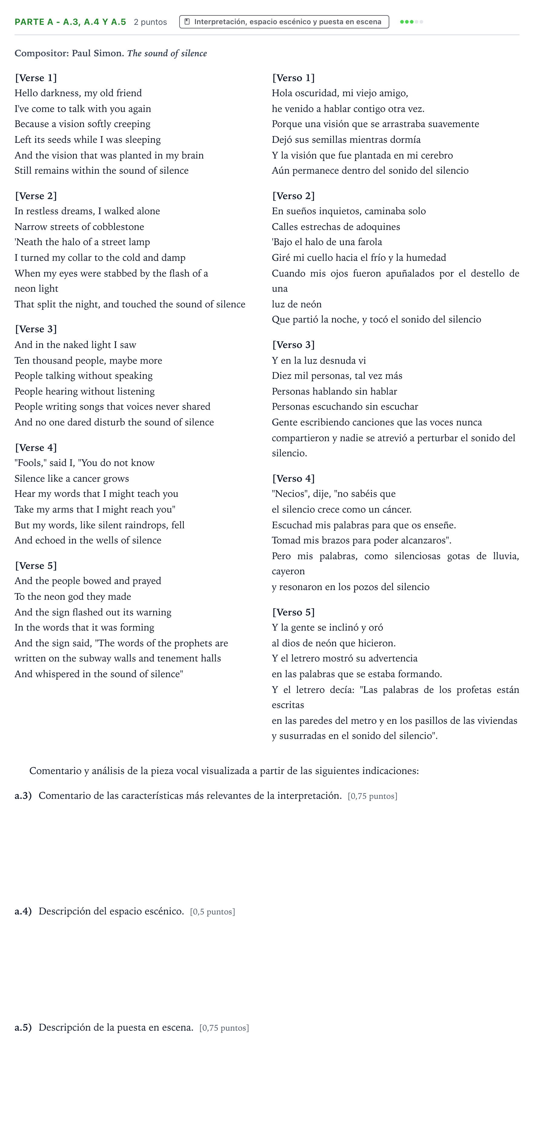 Enunciado: Ejercicio Parte A - a.3, a.4 y a.5 · Coro y Técnica Vocal PAU Aragón Ordinaria 2025