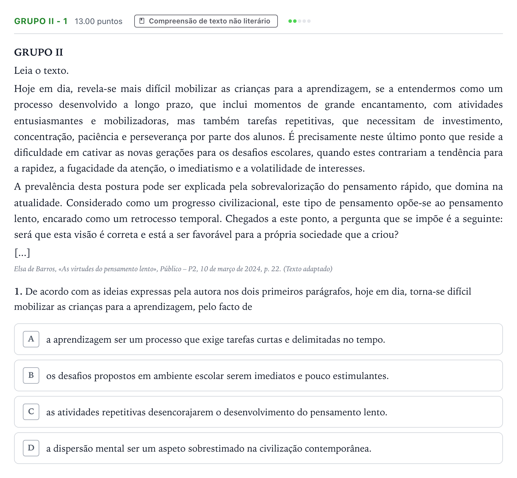 Enunciado: Grupo II - 1 · Exame Nacional Português 2.ª fase 2026