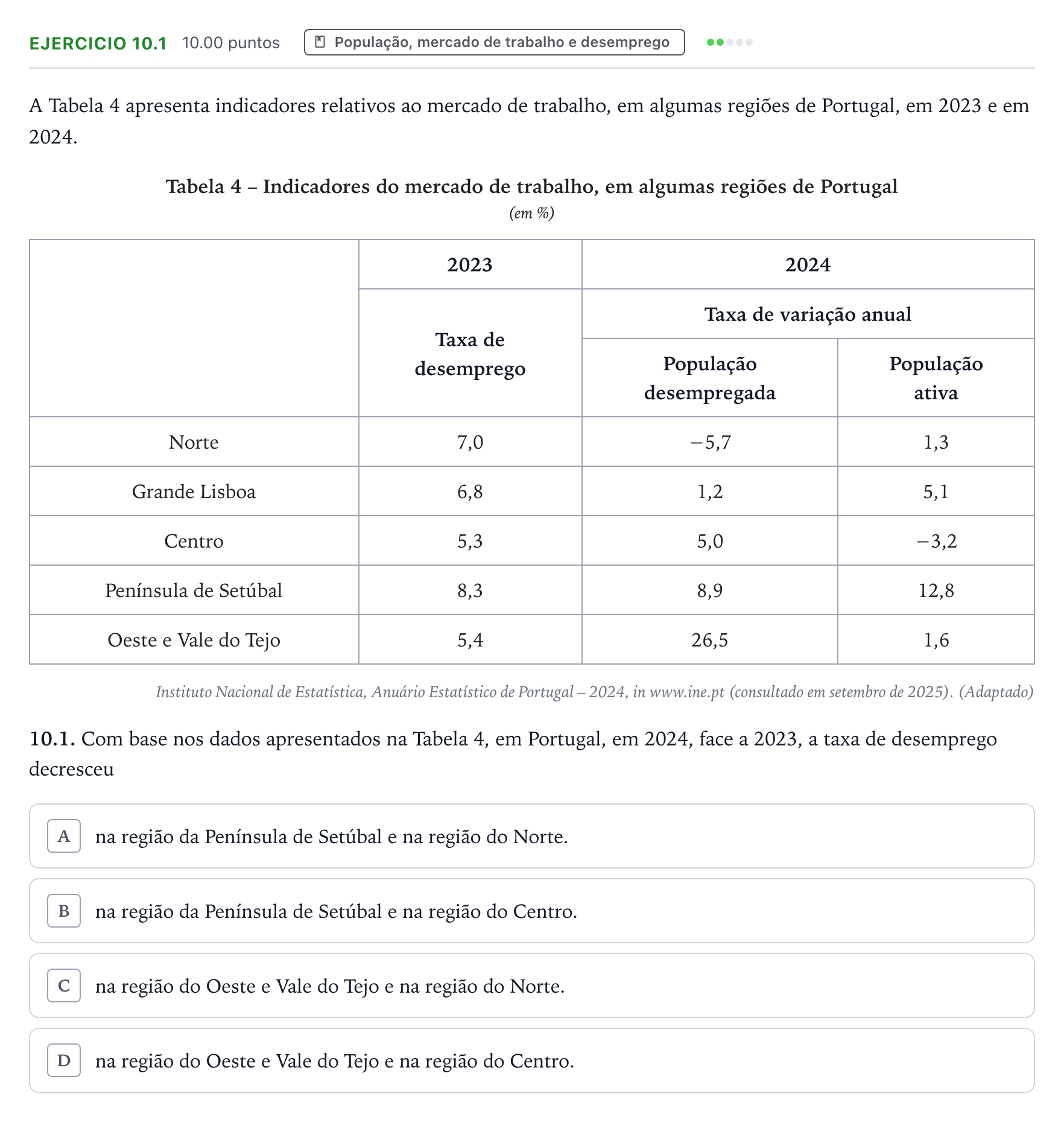 Enunciado: Exercício 10.1 · Exame Nacional Economia A Época especial 2026