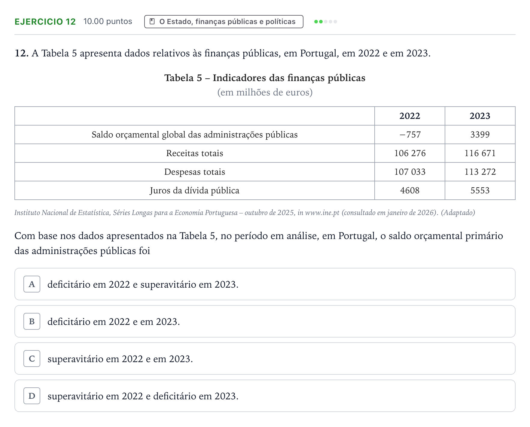 Enunciado: Exercício 12 · Exame Nacional Economia A Época especial 2026