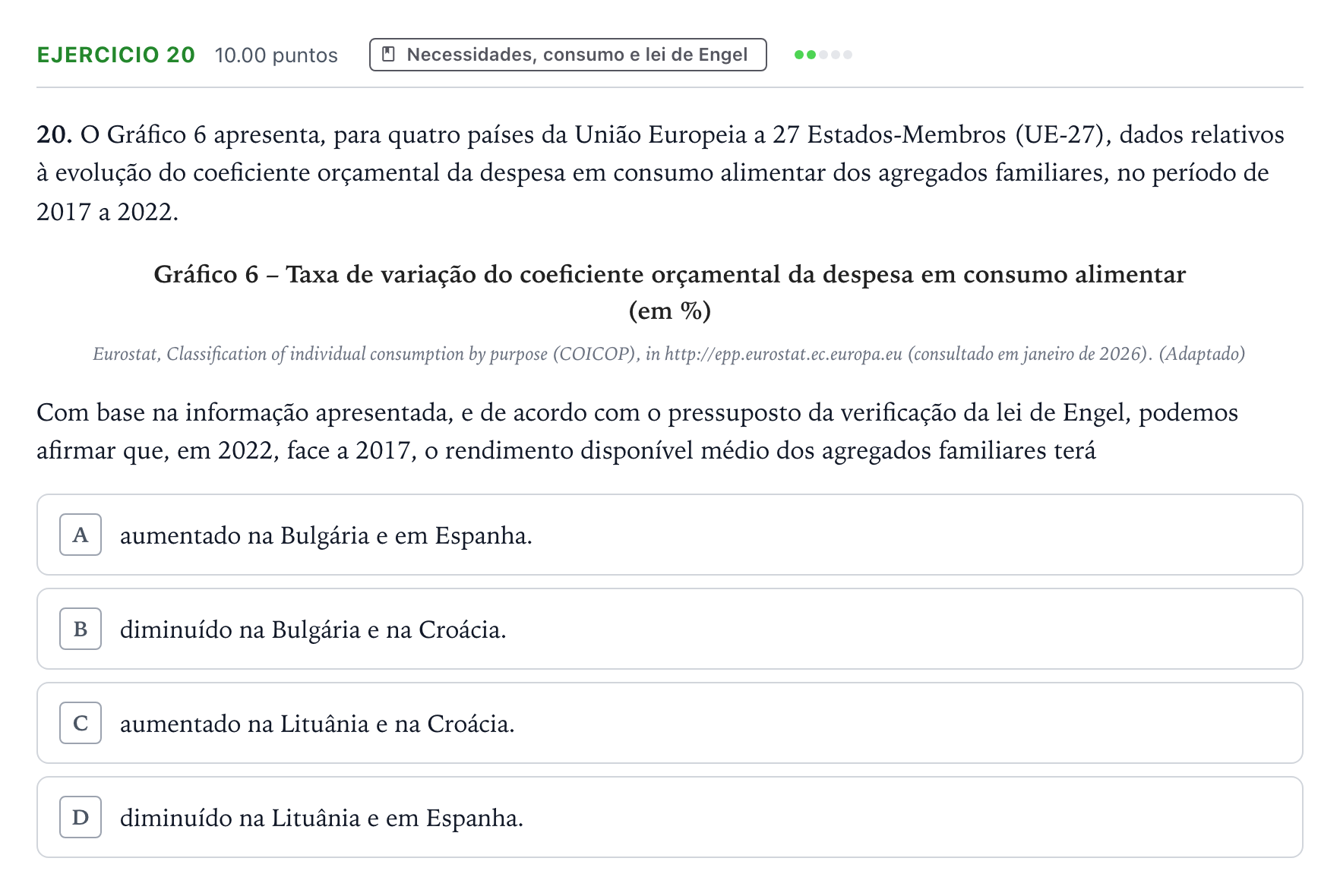 Enunciado: Exercício 20 · Exame Nacional Economia A Época especial 2026