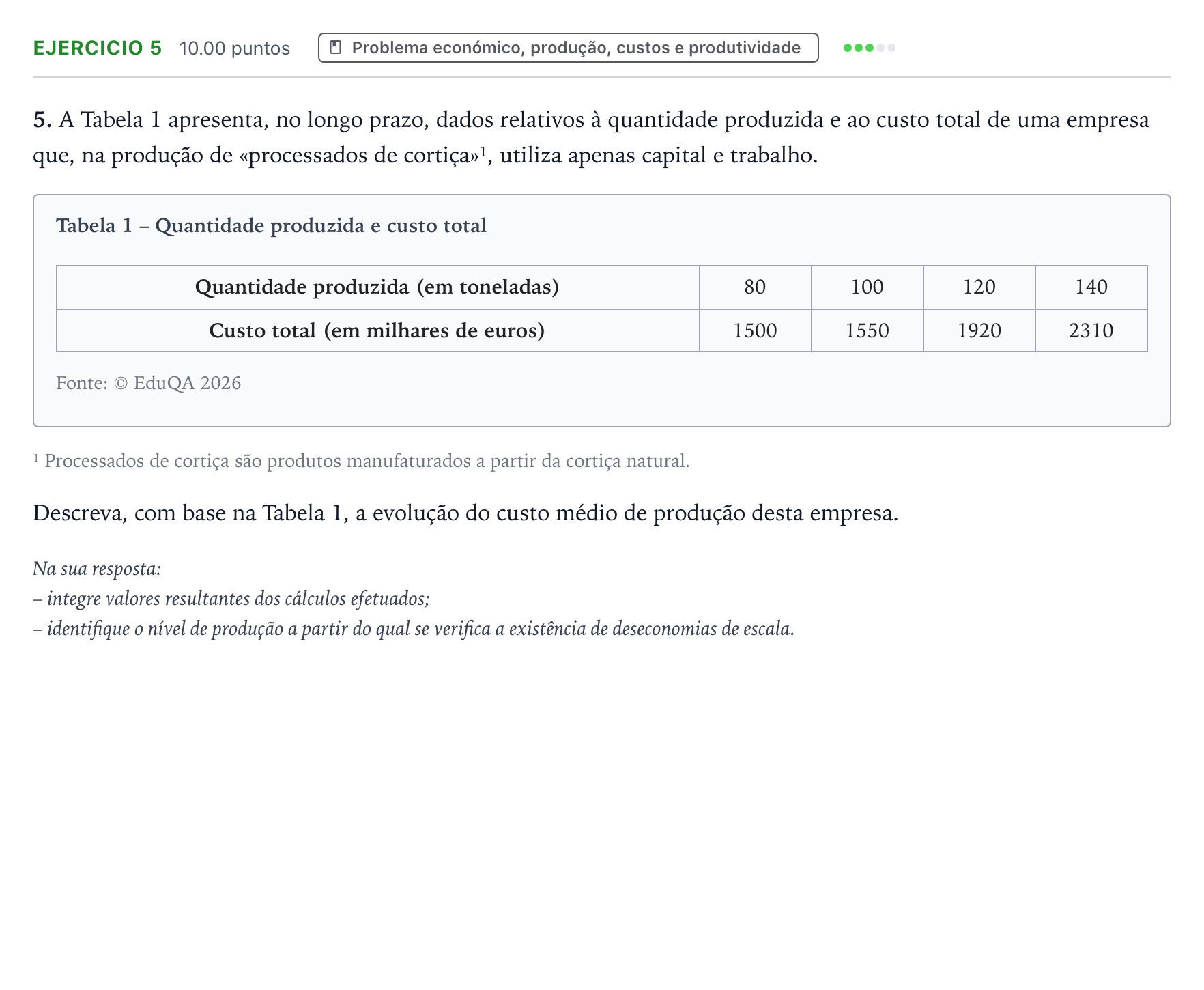 Enunciado: Exercício 5 · Exame Nacional Economia A Época especial 2026