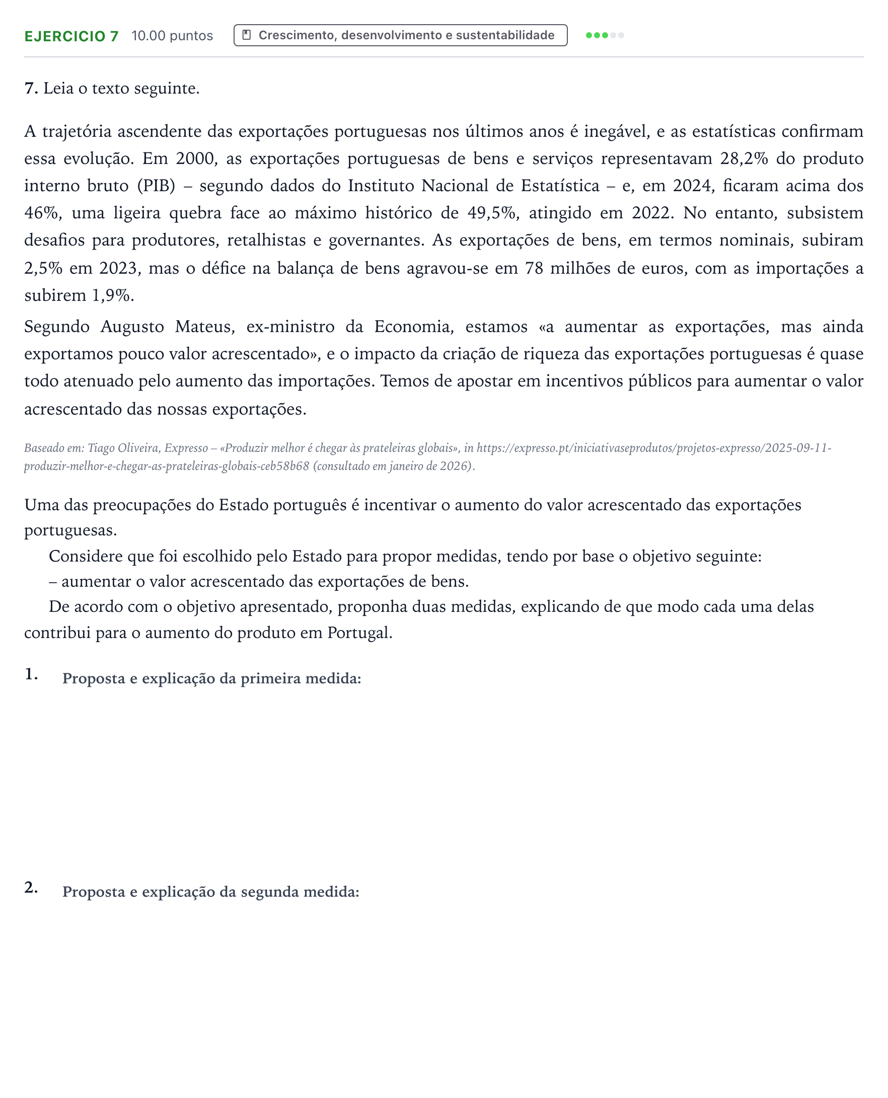 Enunciado: Exercício 7 · Exame Nacional Economia A Época especial 2026