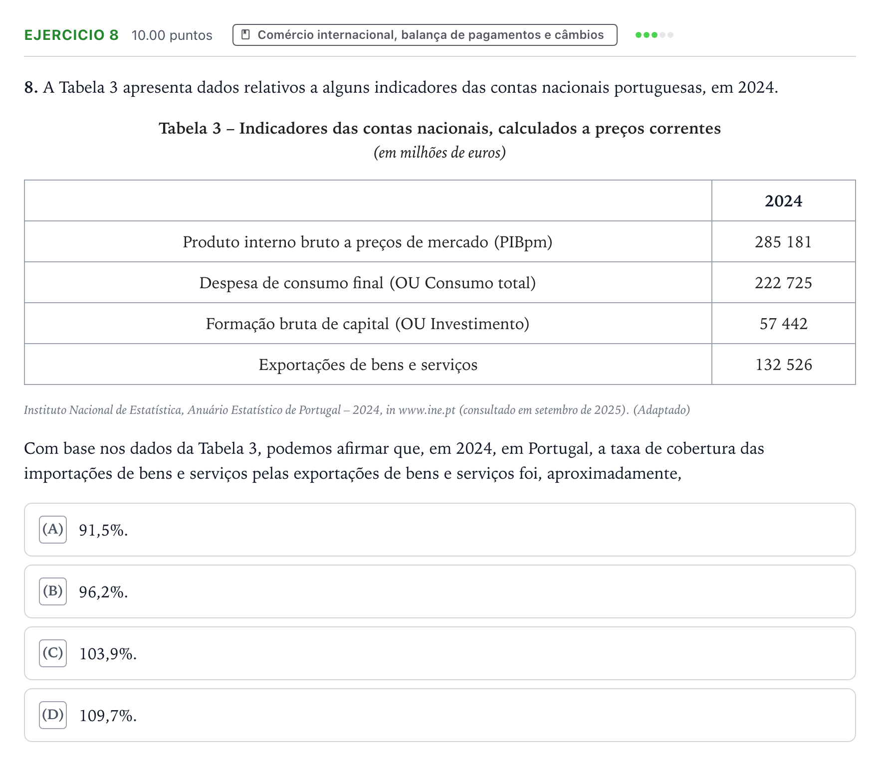 Enunciado: Exercício 8 · Exame Nacional Economia A Época especial 2026