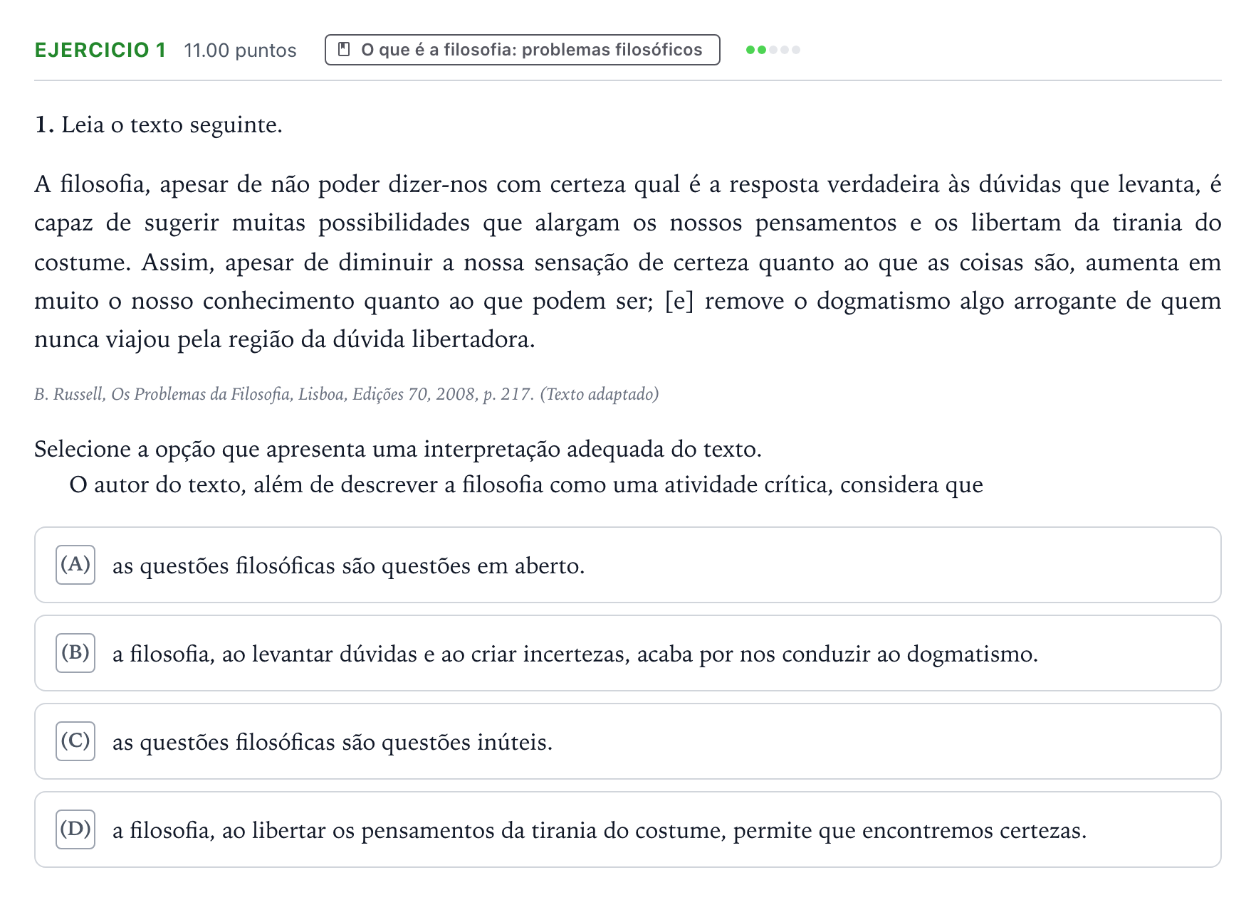 Enunciado: Exercício 1 · Exame Nacional Filosofia Época especial 2026