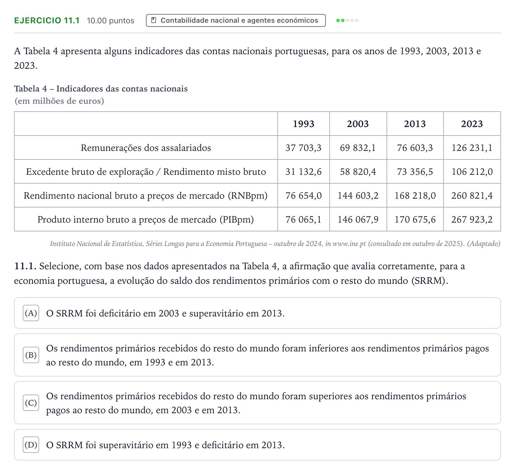 Enunciado: Exercício 11.1 · Exame Nacional Economia A 1.ª fase 2026