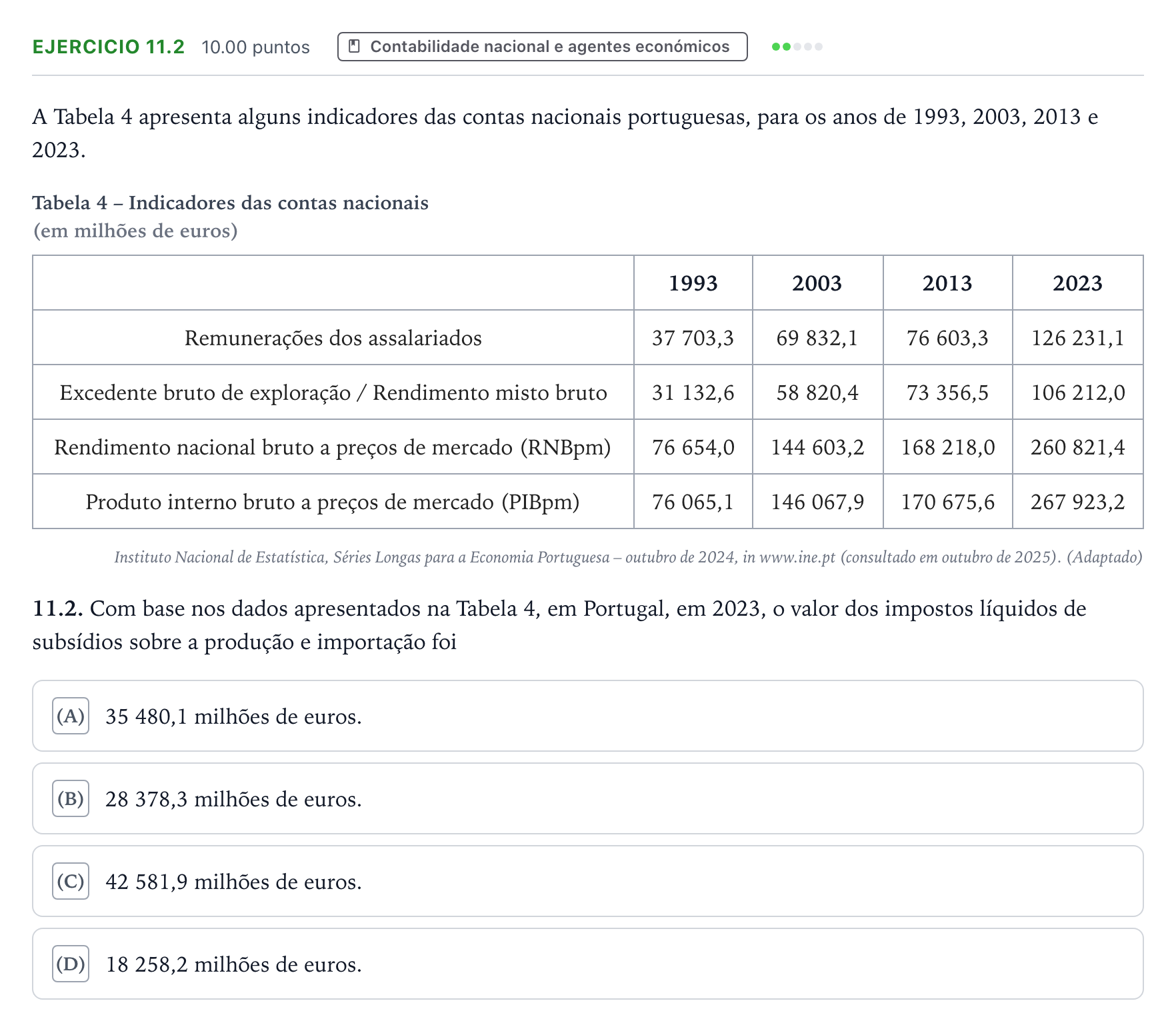 Enunciado: Exercício 11.2 · Exame Nacional Economia A 1.ª fase 2026