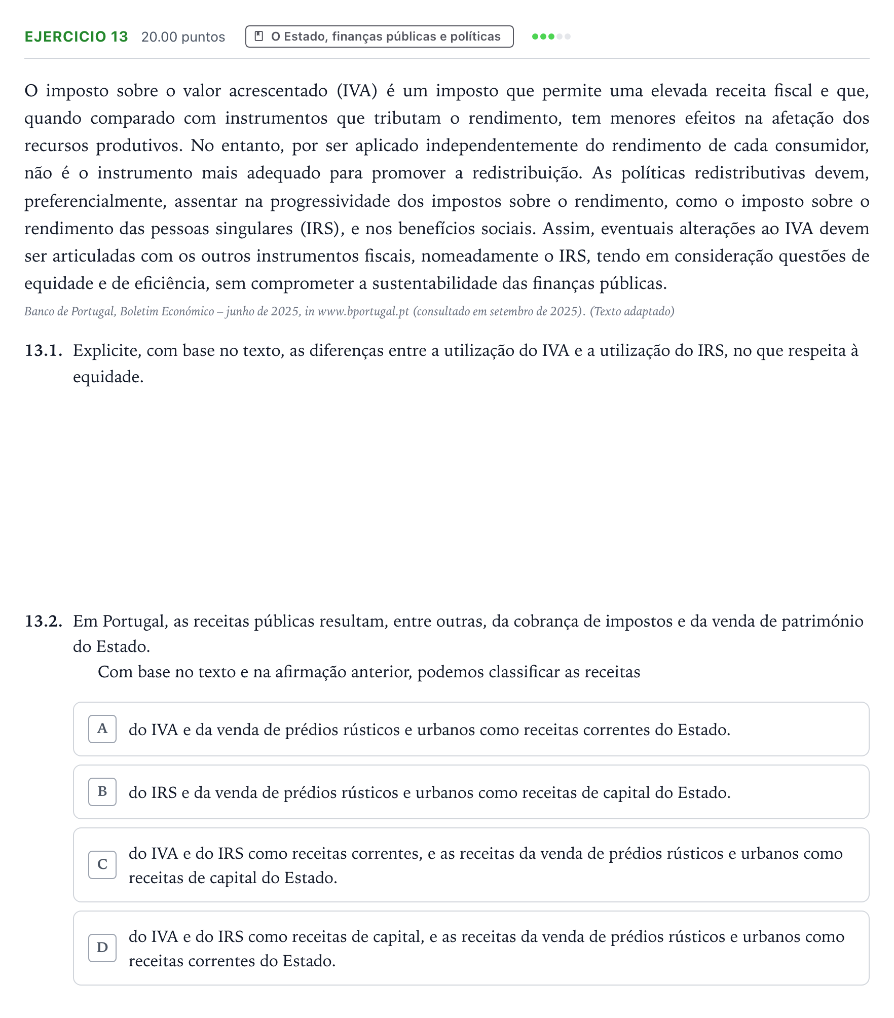 Enunciado: Exercício 13 · Exame Nacional Economia A 1.ª fase 2026