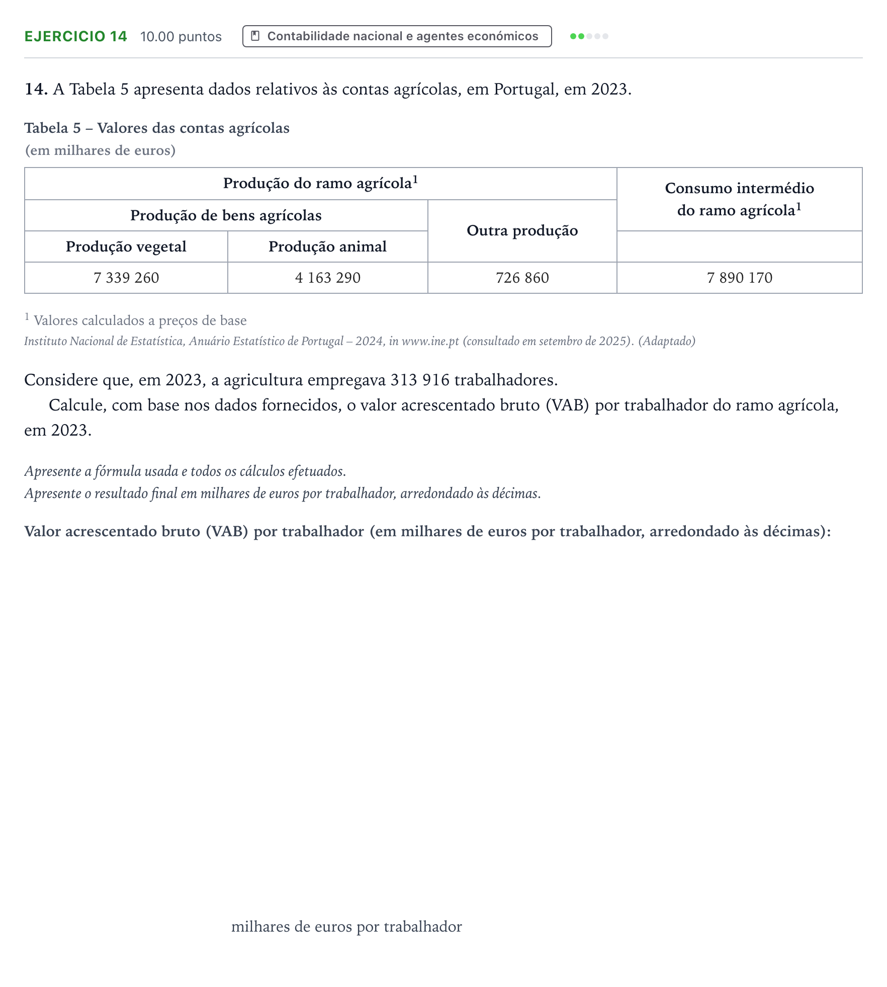 Enunciado: Exercício 14 · Exame Nacional Economia A 1.ª fase 2026