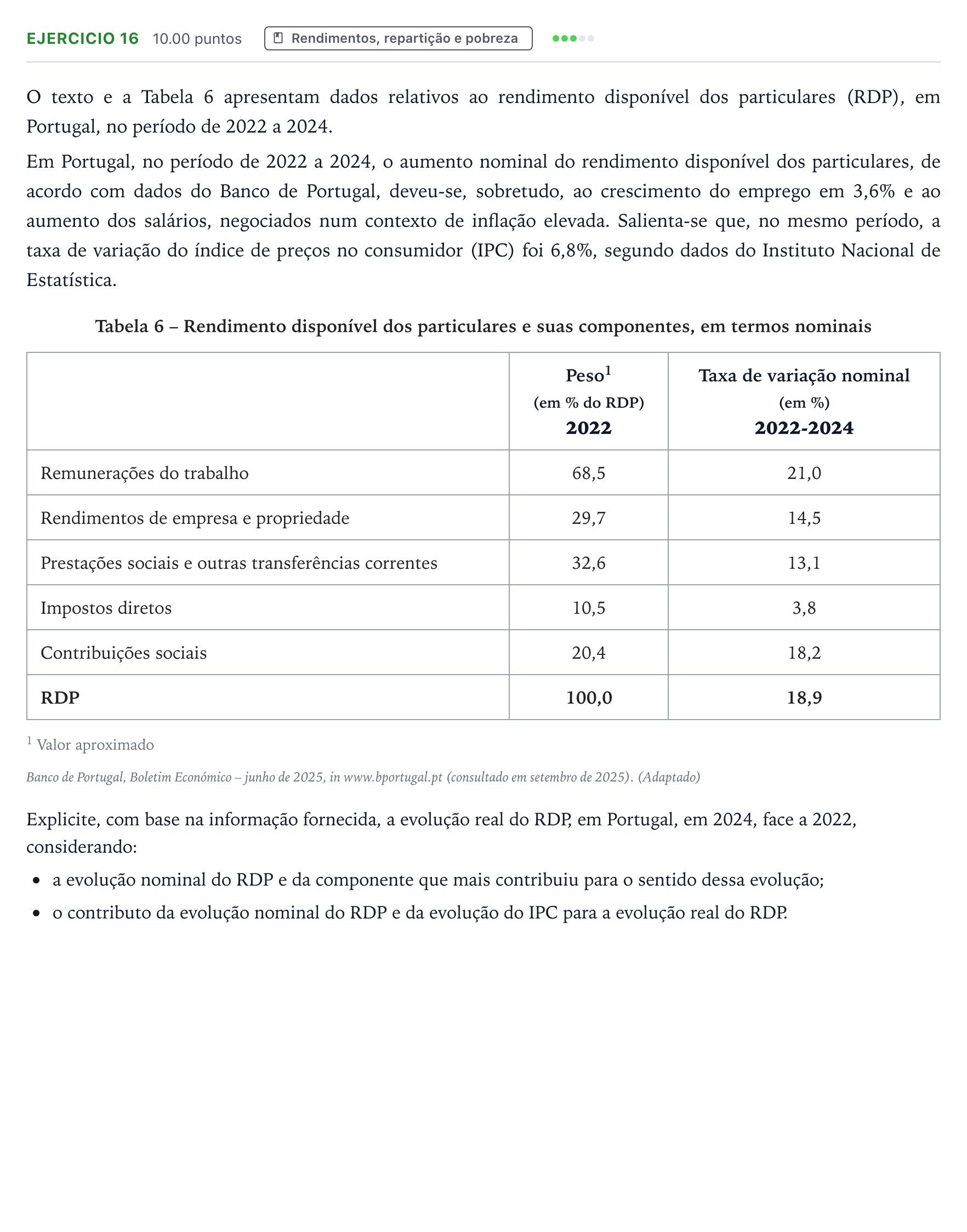 Enunciado: Exercício 16 · Exame Nacional Economia A 1.ª fase 2026