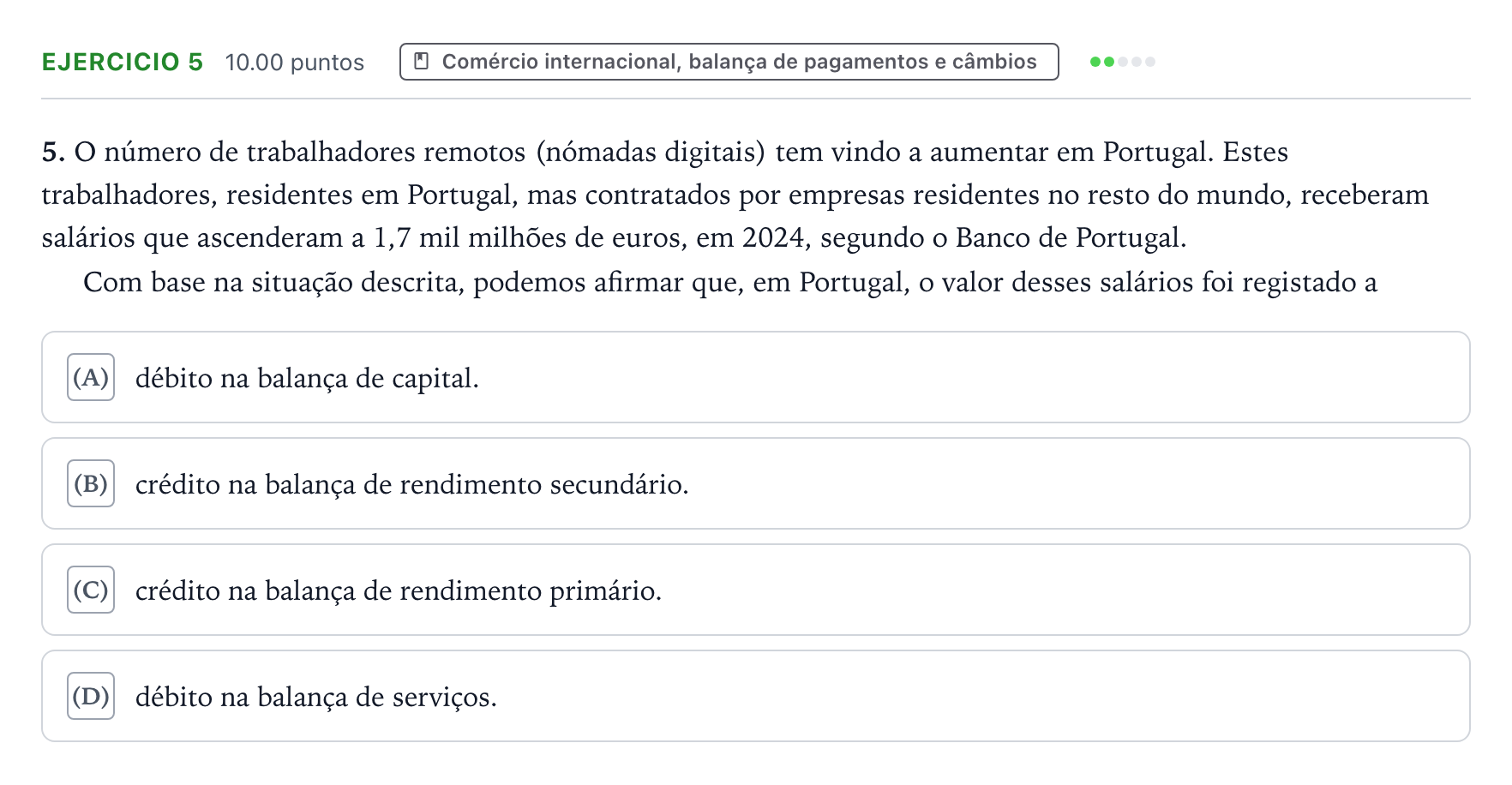 Enunciado: Exercício 5 · Exame Nacional Economia A 1.ª fase 2026