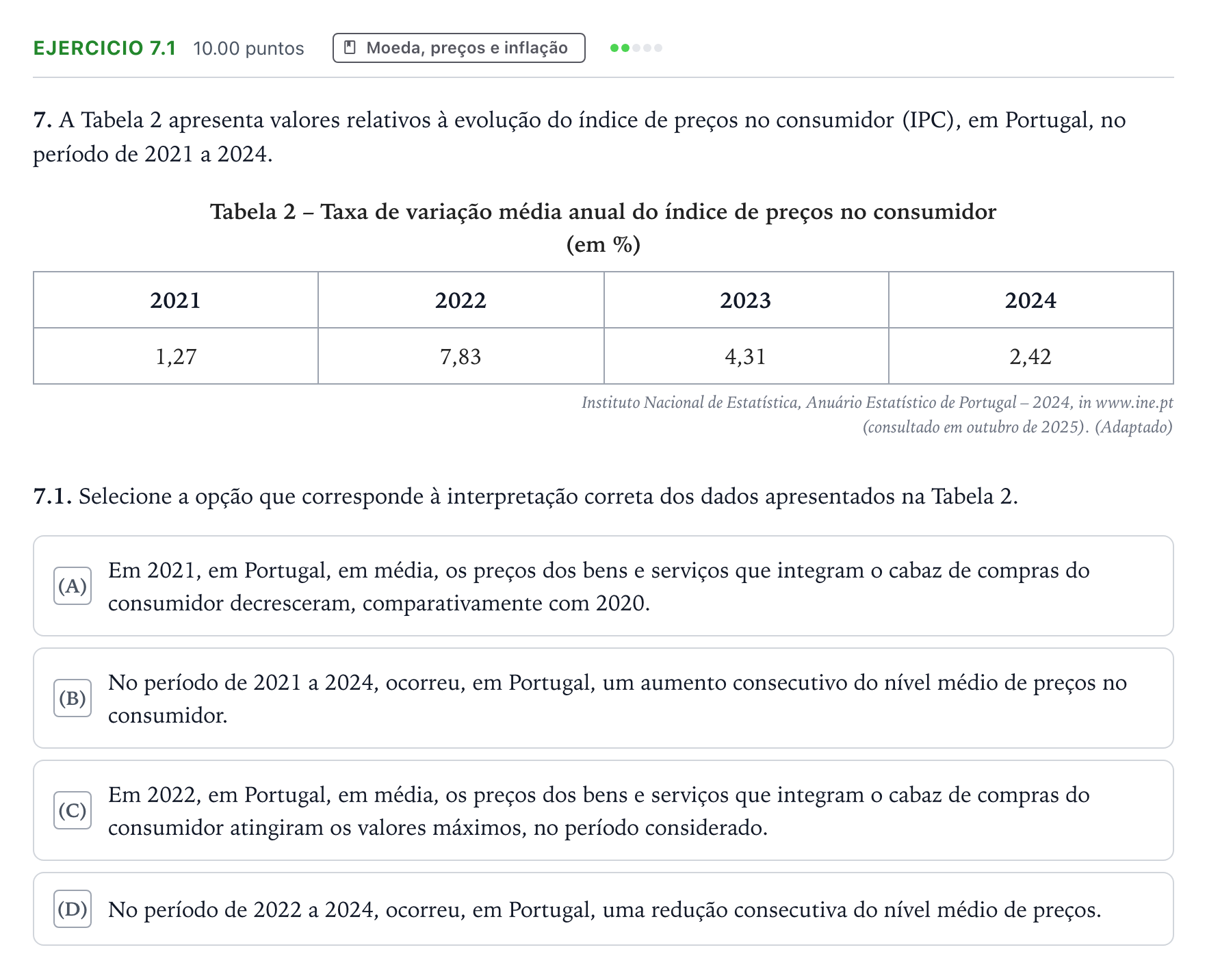 Enunciado: Exercício 7.1 · Exame Nacional Economia A 1.ª fase 2026