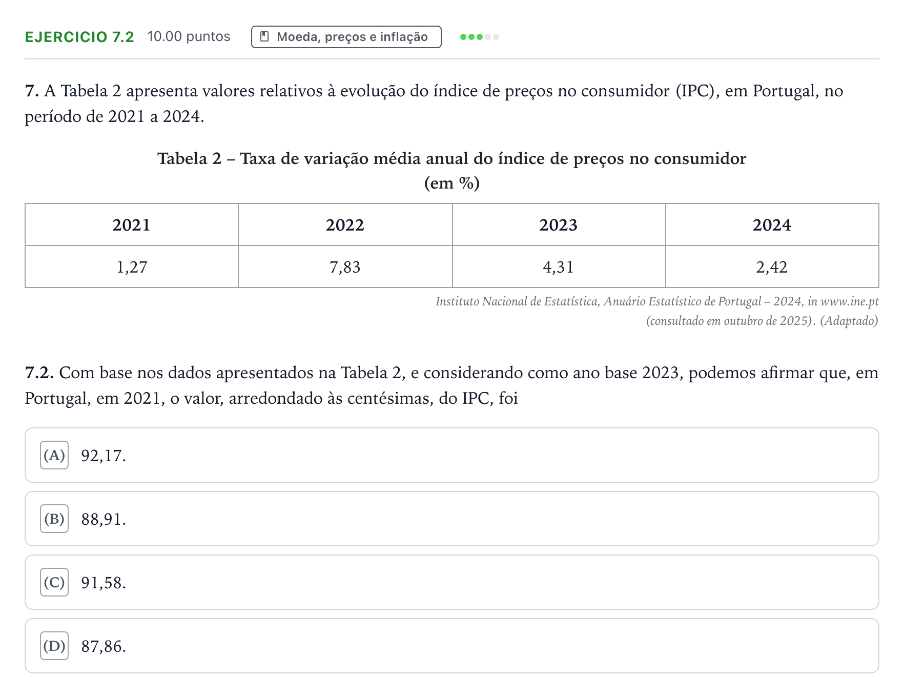Enunciado: Exercício 7.2 · Exame Nacional Economia A 1.ª fase 2026