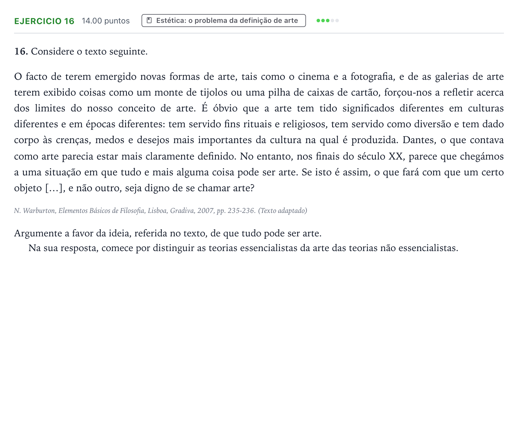Enunciado: Exercício 16 · Exame Nacional Filosofia 1.ª fase 2026