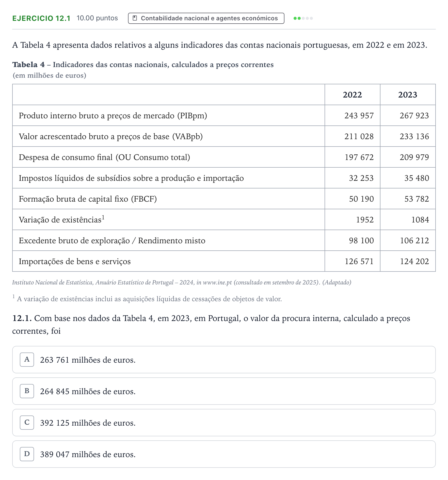 Enunciado: Exercício 12.1 · Exame Nacional Economia A 2.ª fase 2026