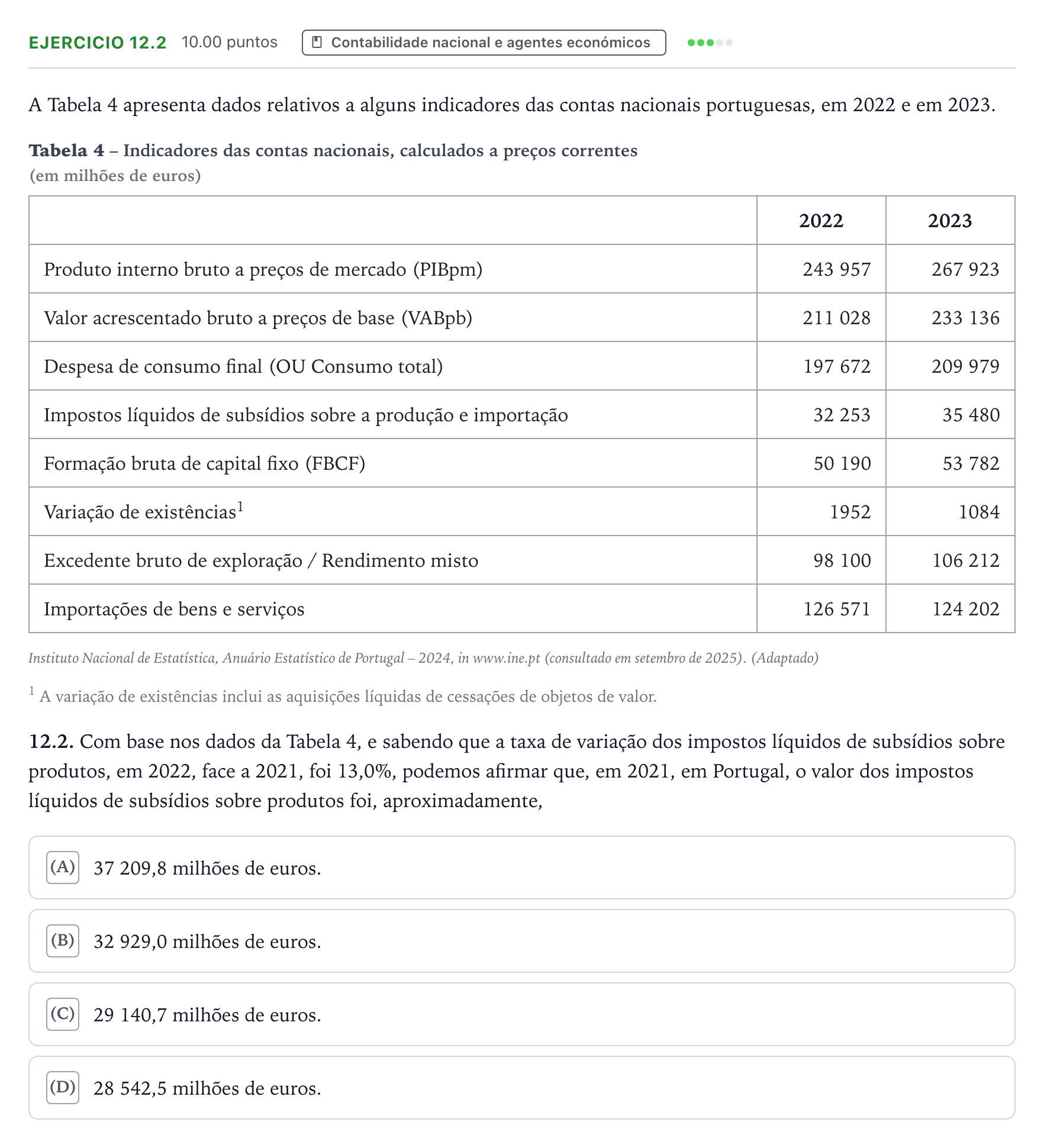 Enunciado: Exercício 12.2 · Exame Nacional Economia A 2.ª fase 2026