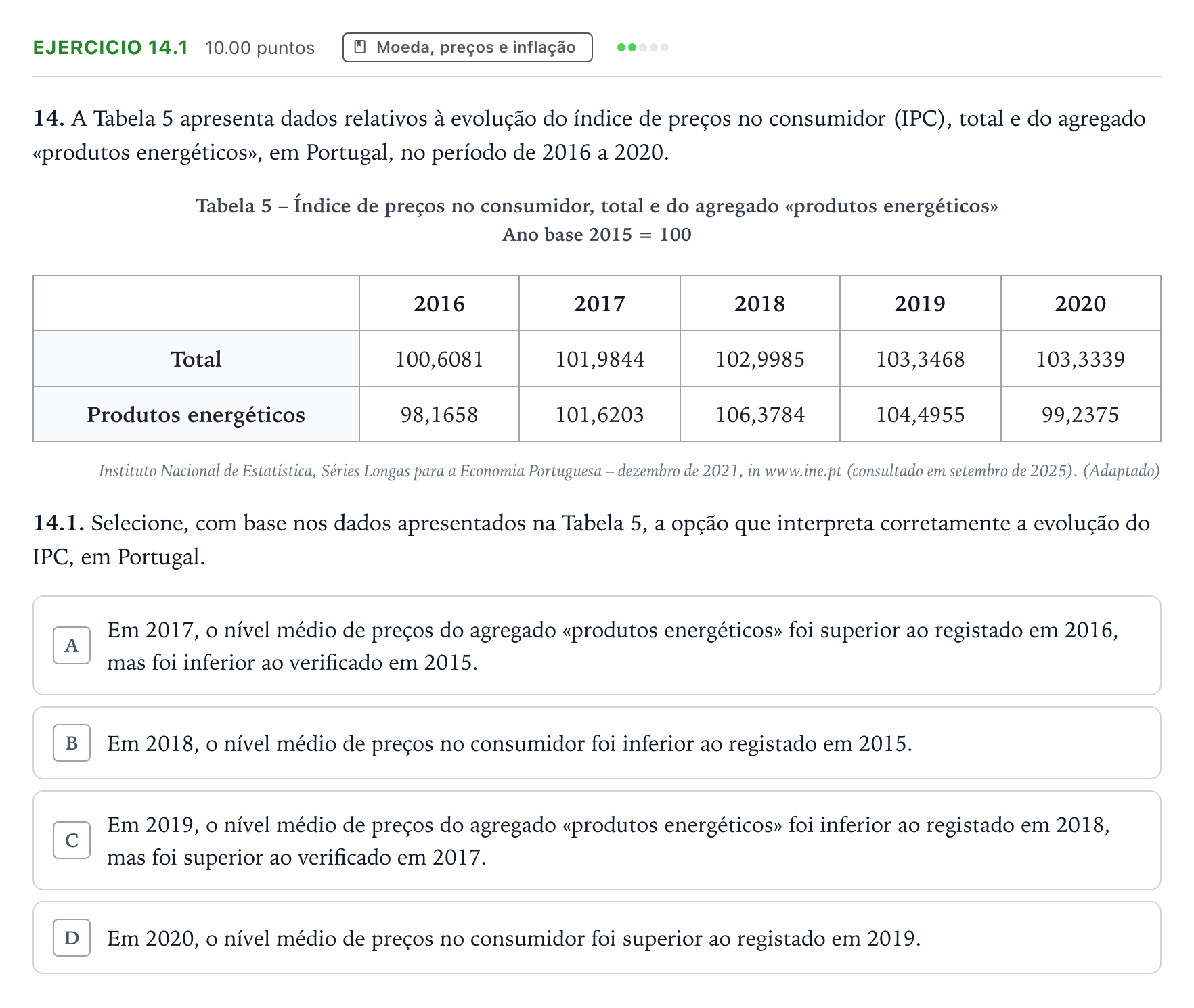 Enunciado: Exercício 14.1 · Exame Nacional Economia A 2.ª fase 2026
