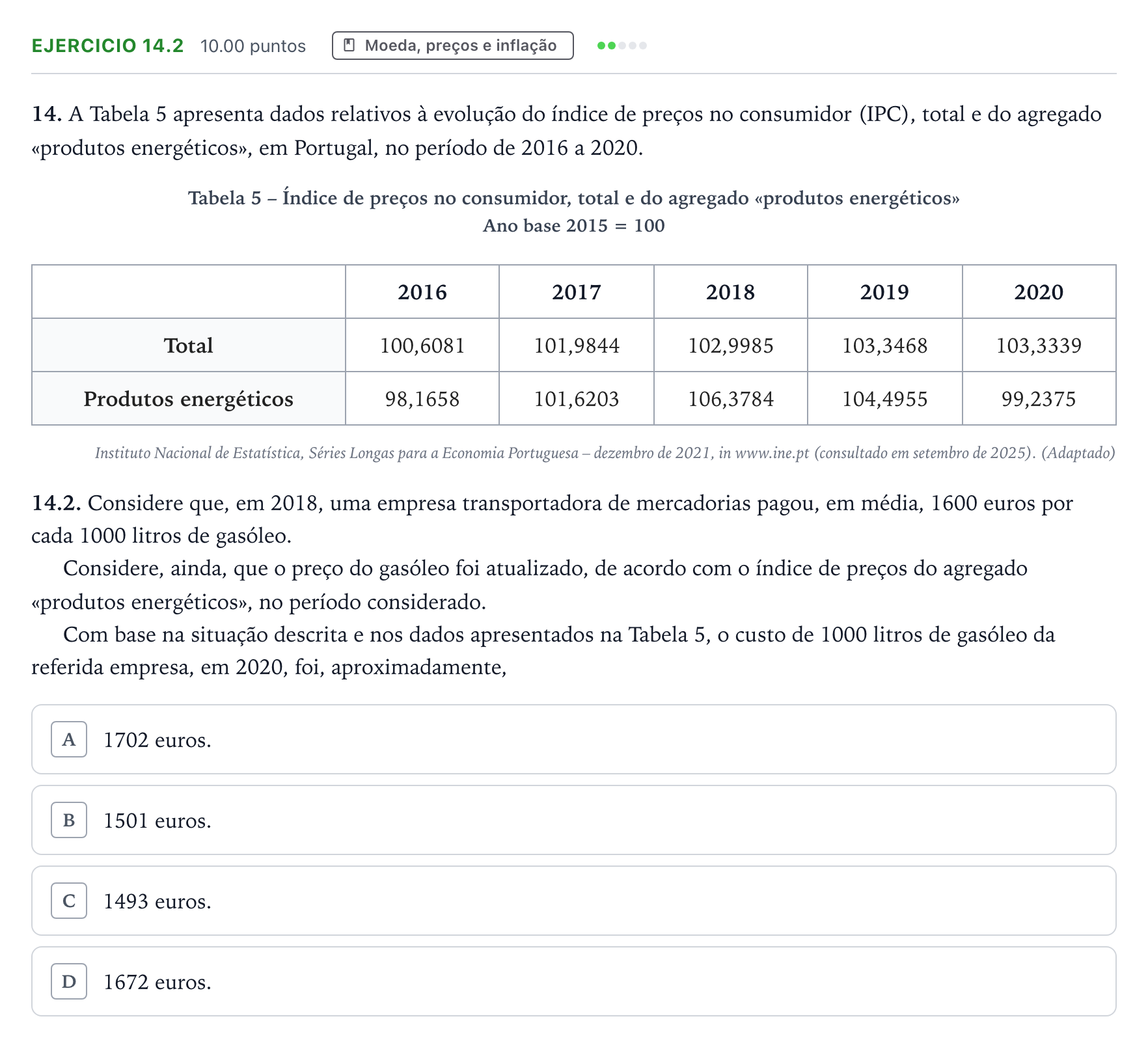 Enunciado: Exercício 14.2 · Exame Nacional Economia A 2.ª fase 2026