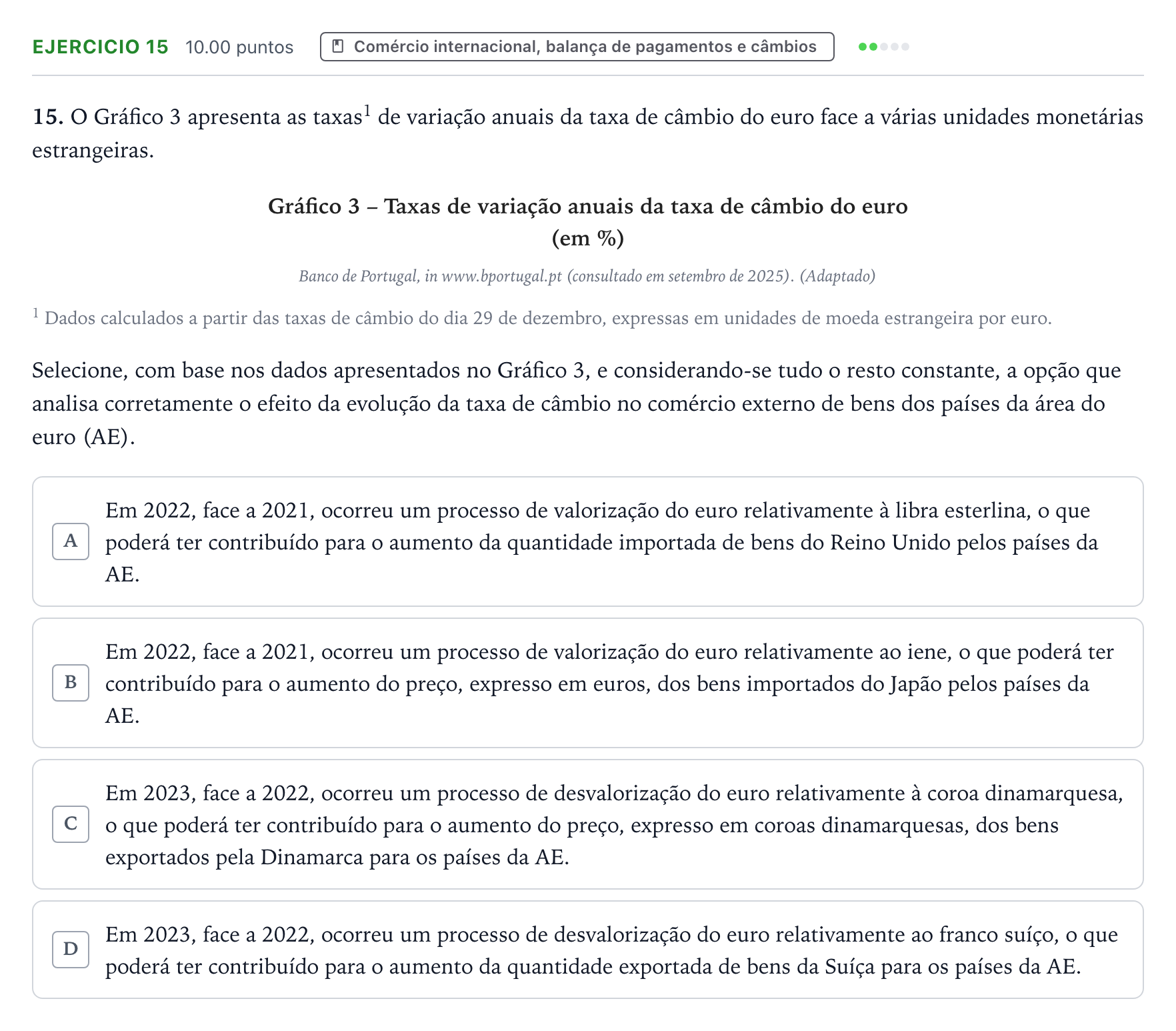Enunciado: Exercício 15 · Exame Nacional Economia A 2.ª fase 2026