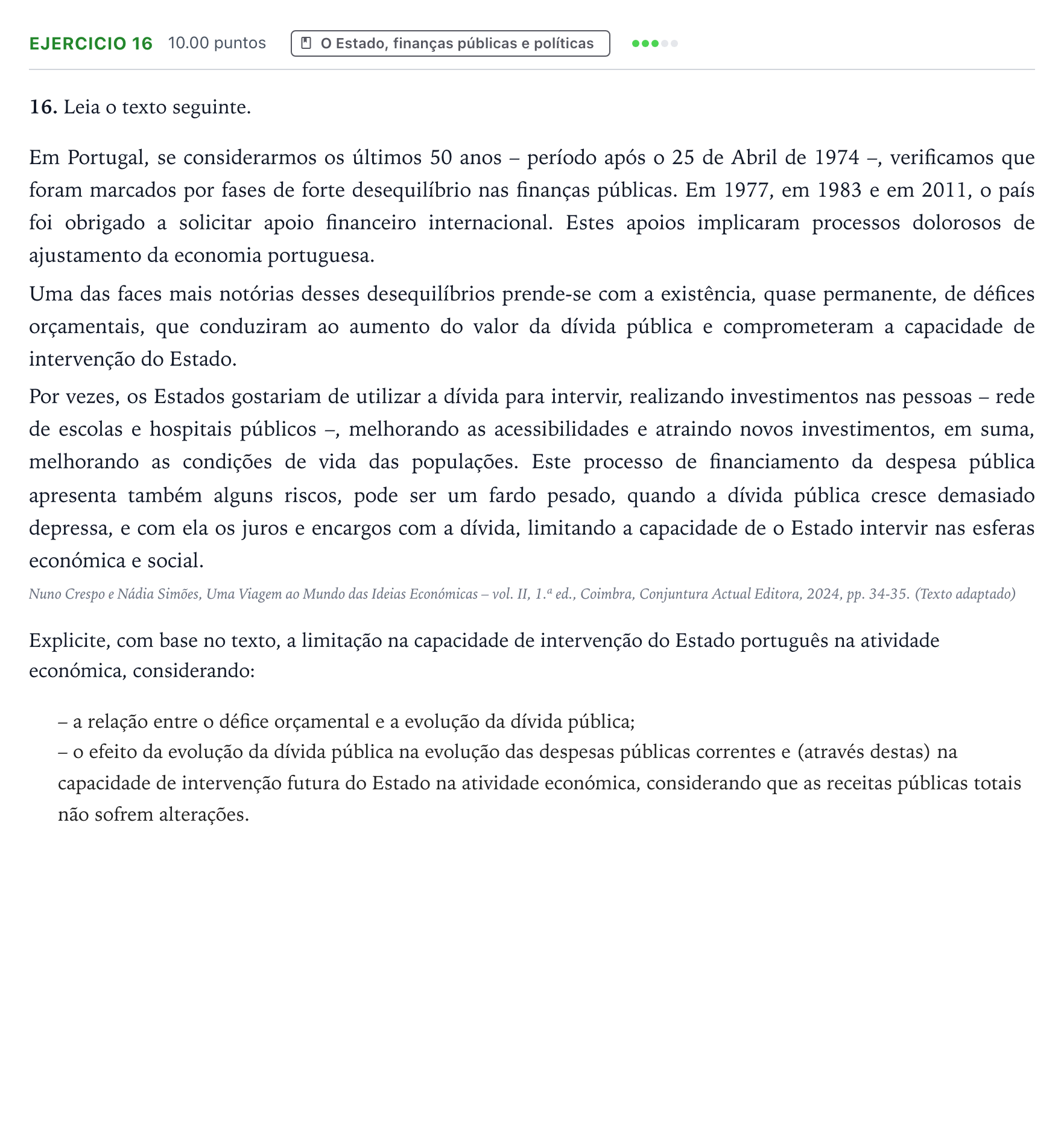 Enunciado: Exercício 16 · Exame Nacional Economia A 2.ª fase 2026