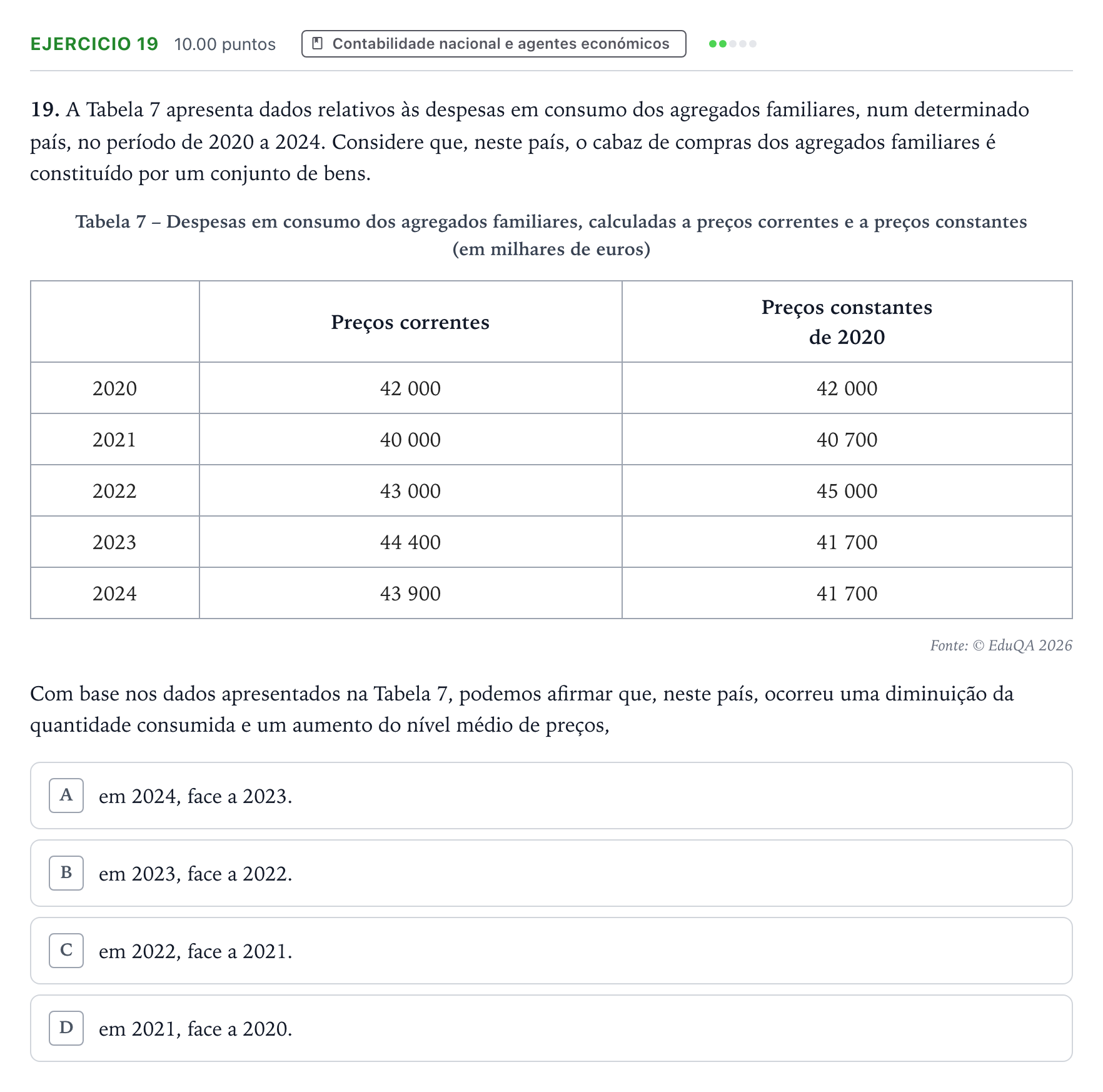 Enunciado: Exercício 19 · Exame Nacional Economia A 2.ª fase 2026