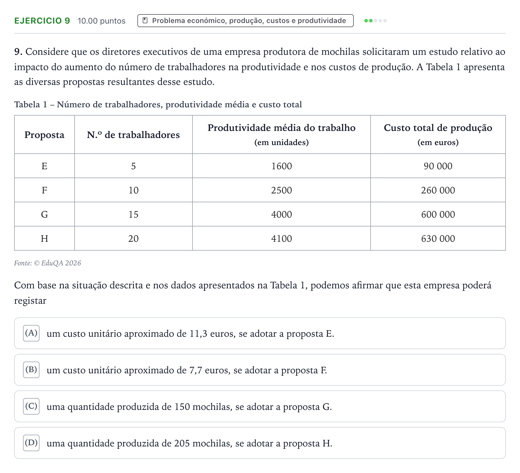 Enunciado: Exercício 9 · Exame Nacional Economia A 2.ª fase 2026