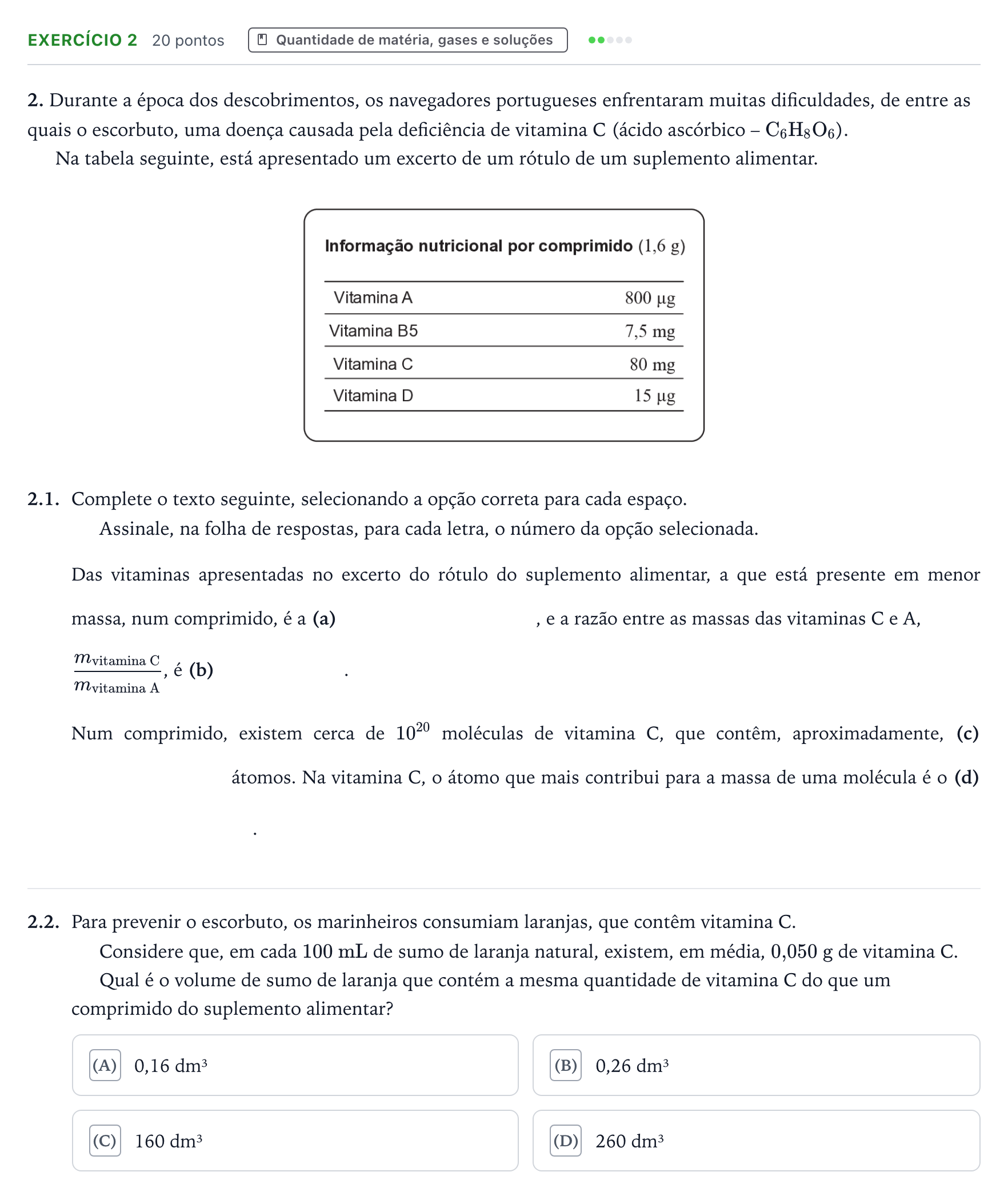 Enunciado: Exercício 2 - Quantidade de matéria, gases e soluções · Exame Nacional Física e Química A Época especial 2026