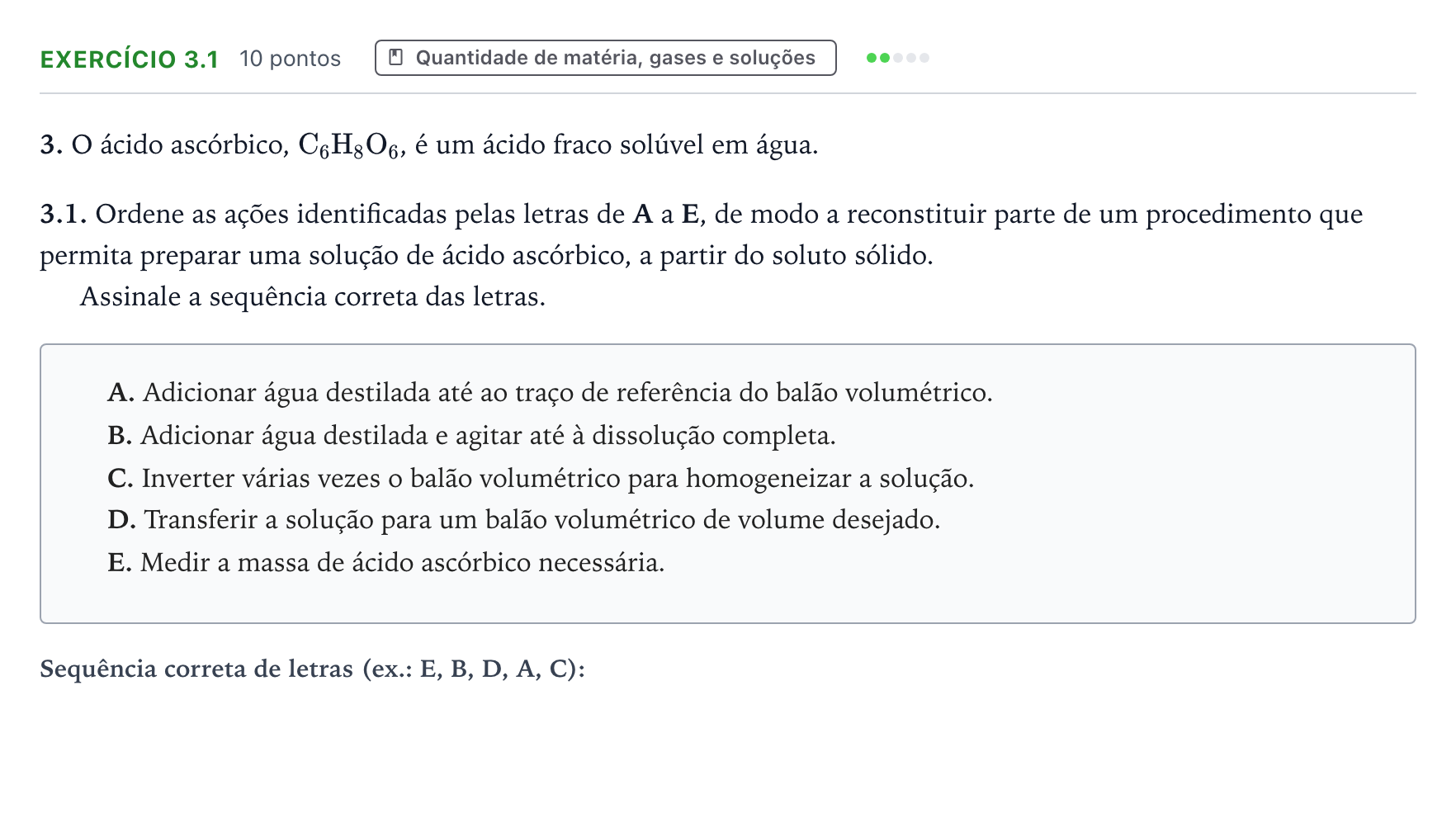 Enunciado: Exercício 3.1 - Quantidade de matéria, gases e soluções · Exame Nacional Física e Química A Época especial 2026