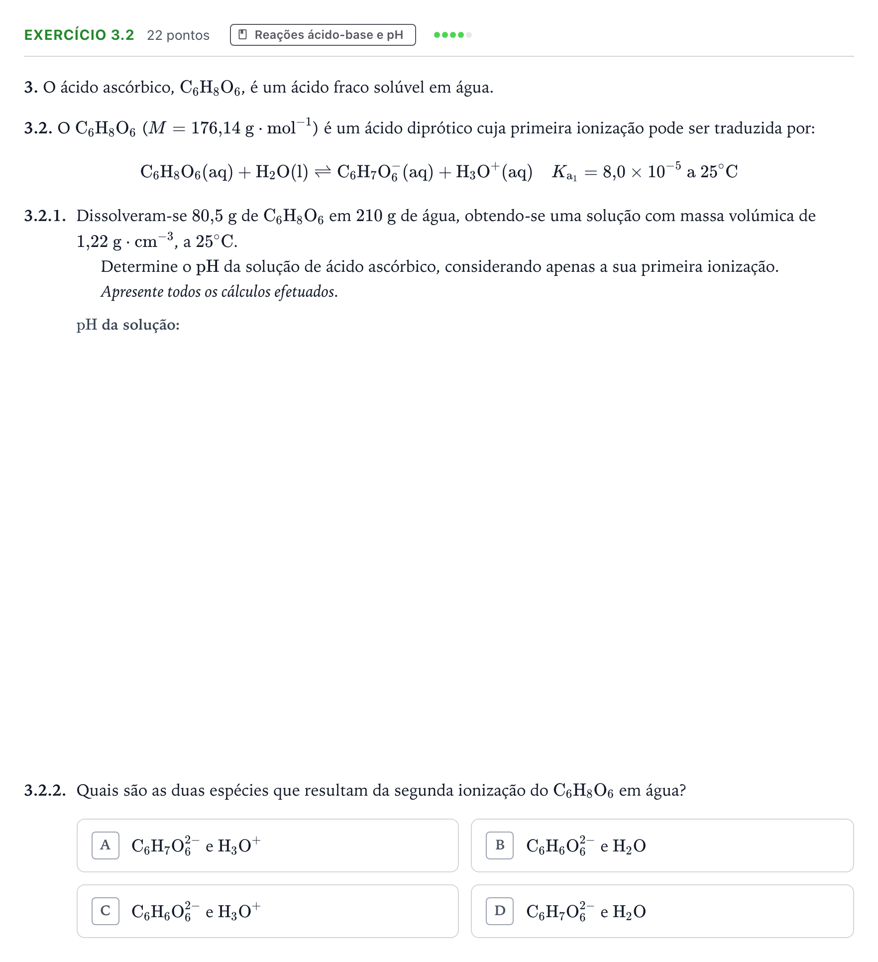 Enunciado: Exercício 3.2 - Reações ácido-base e pH · Exame Nacional Física e Química A Época especial 2026