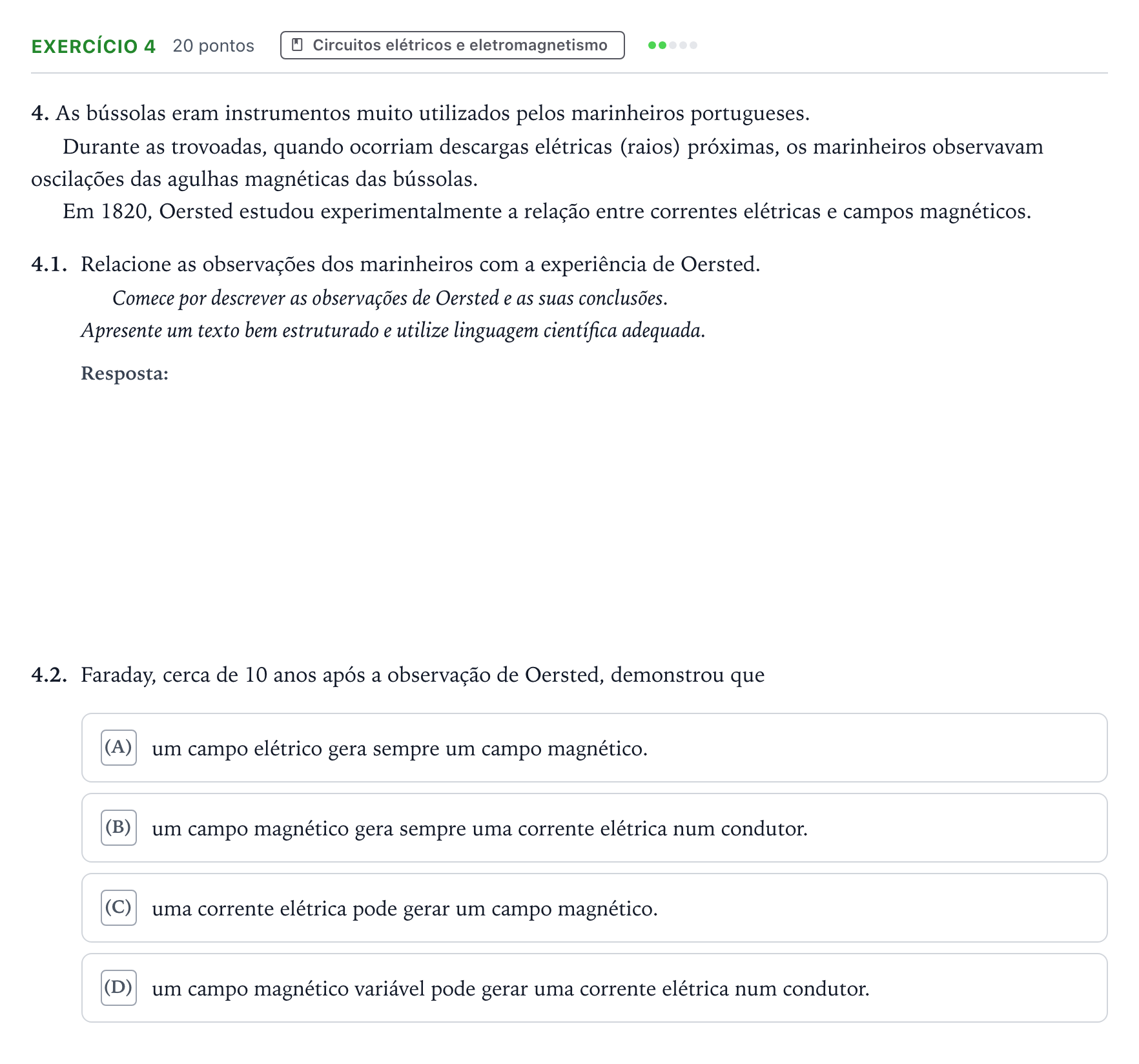 Enunciado: Exercício 4 - Circuitos elétricos e eletromagnetismo · Exame Nacional Física e Química A Época especial 2026