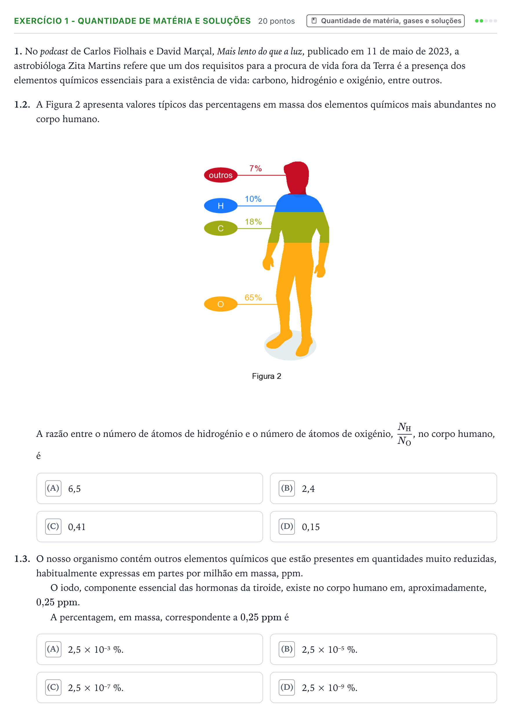 Enunciado: Exercício 1 - Quantidade de matéria e soluções · Exame Nacional Física e Química A 1.ª fase 2026
