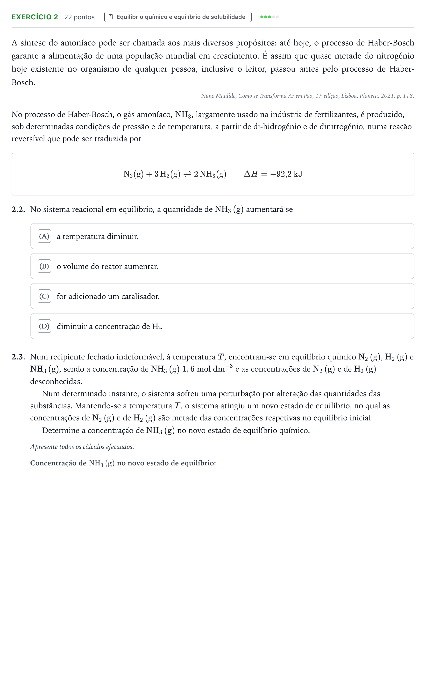 Enunciado: Exercício 2 - Equilíbrio químico · Exame Nacional Física e Química A 1.ª fase 2026