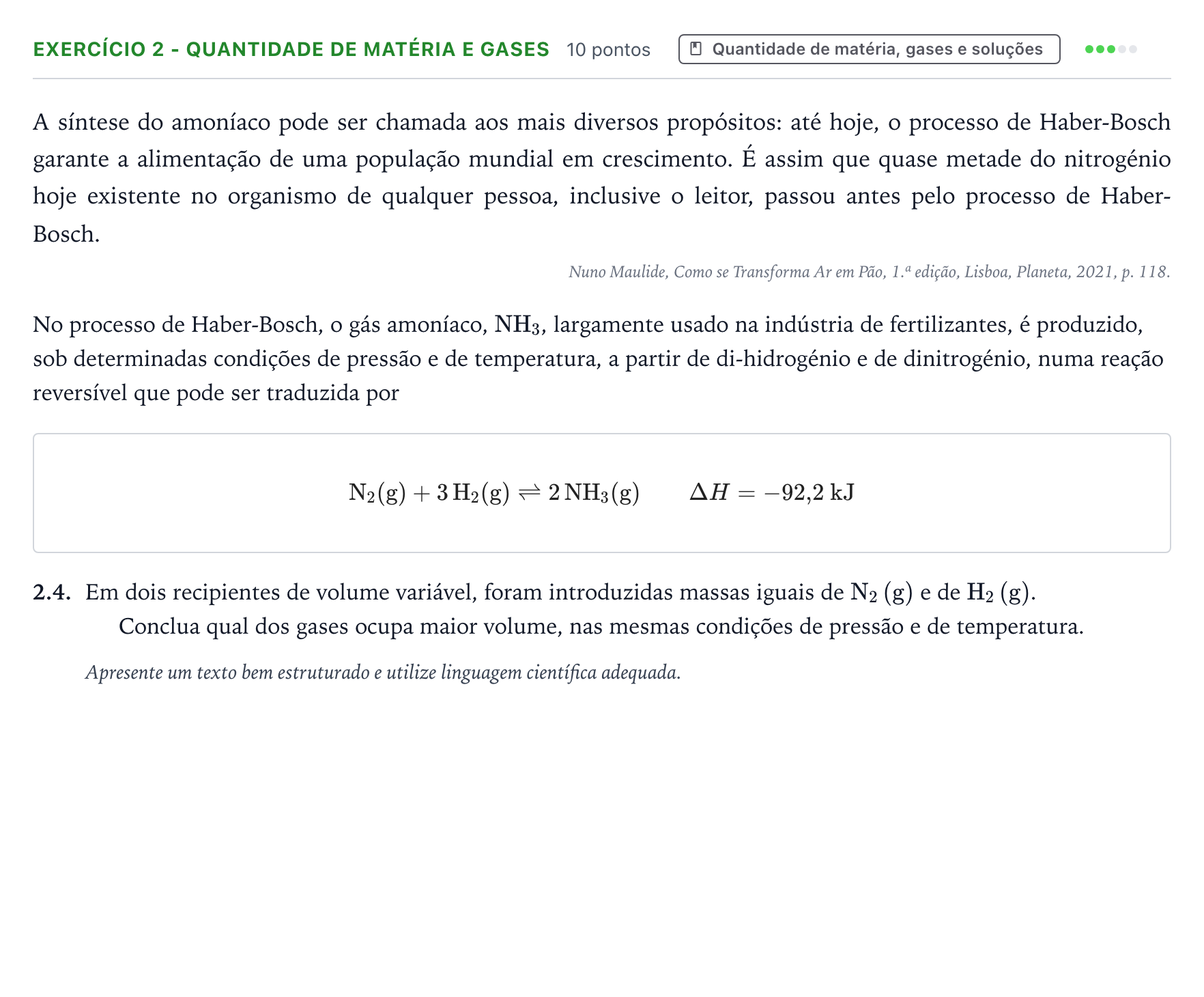 Enunciado: Exercício 2 - Quantidade de matéria e gases · Exame Nacional Física e Química A 1.ª fase 2026