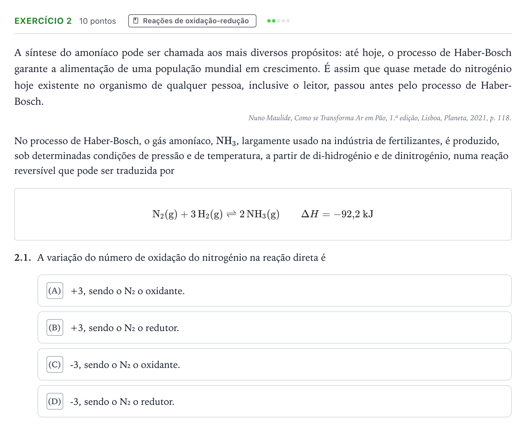Enunciado: Exercício 2 - Reações de oxidação-redução · Exame Nacional Física e Química A 1.ª fase 2026