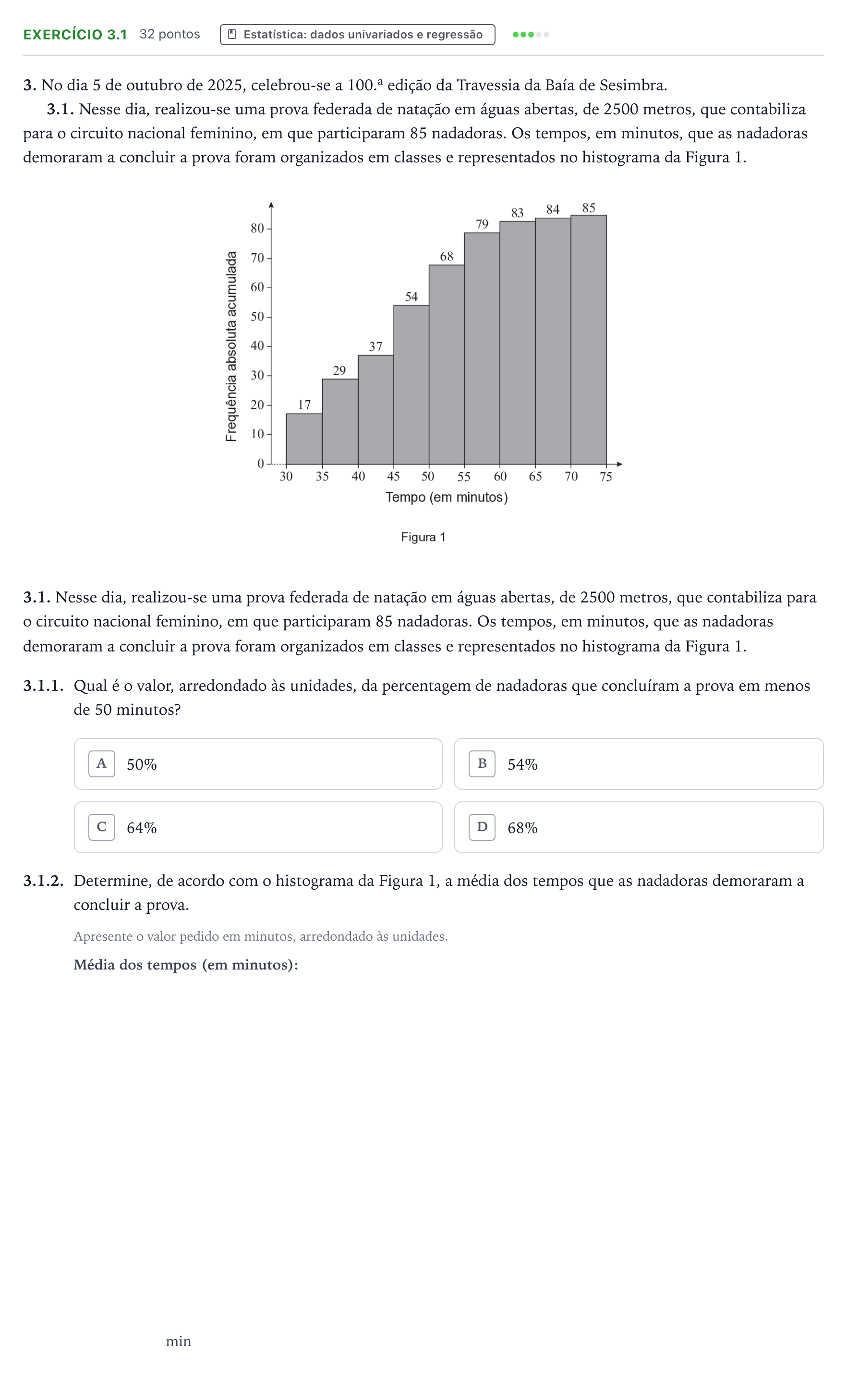 Enunciado: Exercício 3.1 - Estatística · Exame Nacional Matemática B 2.ª fase 2026