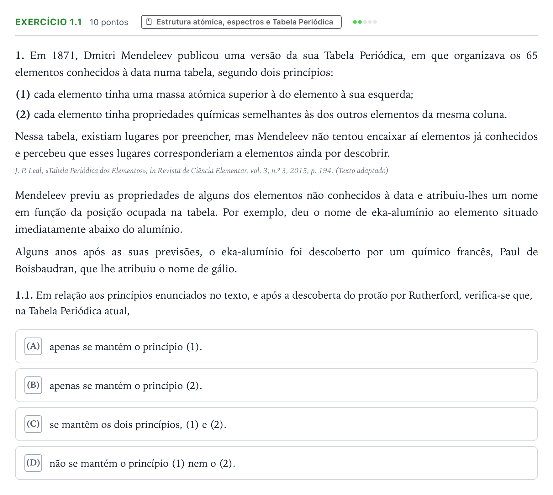Enunciado: Exercício 1.1 · Exame Nacional Física e Química A 2.ª fase 2026