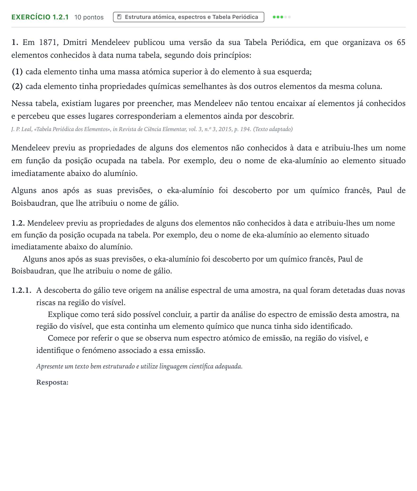 Enunciado: Exercício 1.2.1 · Exame Nacional Física e Química A 2.ª fase 2026