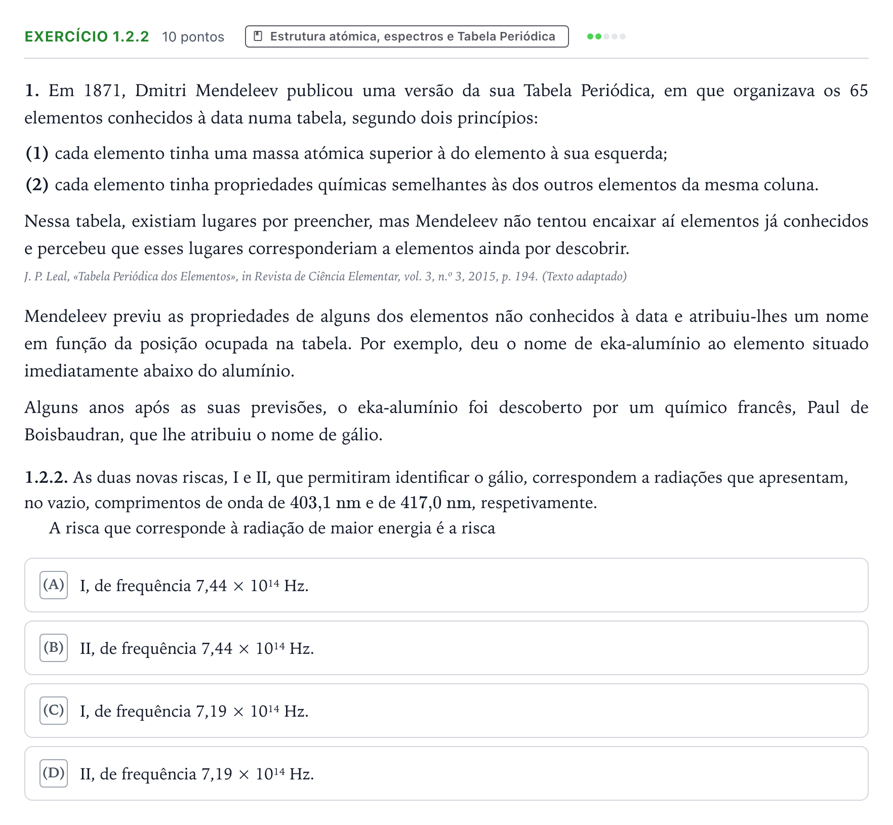 Enunciado: Exercício 1.2.2 · Exame Nacional Física e Química A 2.ª fase 2026
