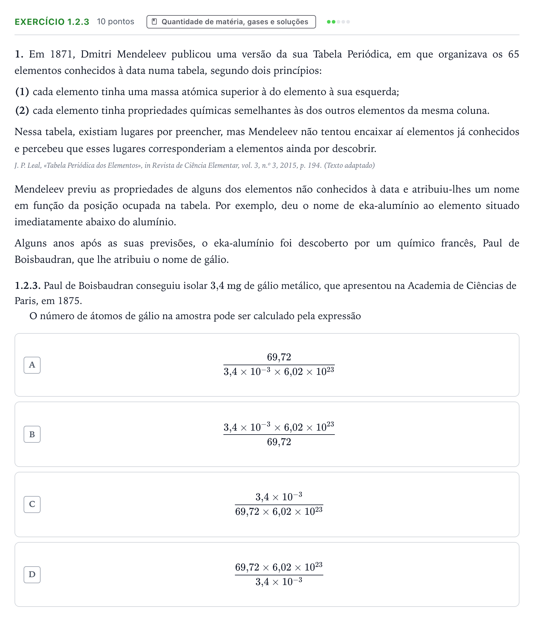 Enunciado: Exercício 1.2.3 · Exame Nacional Física e Química A 2.ª fase 2026