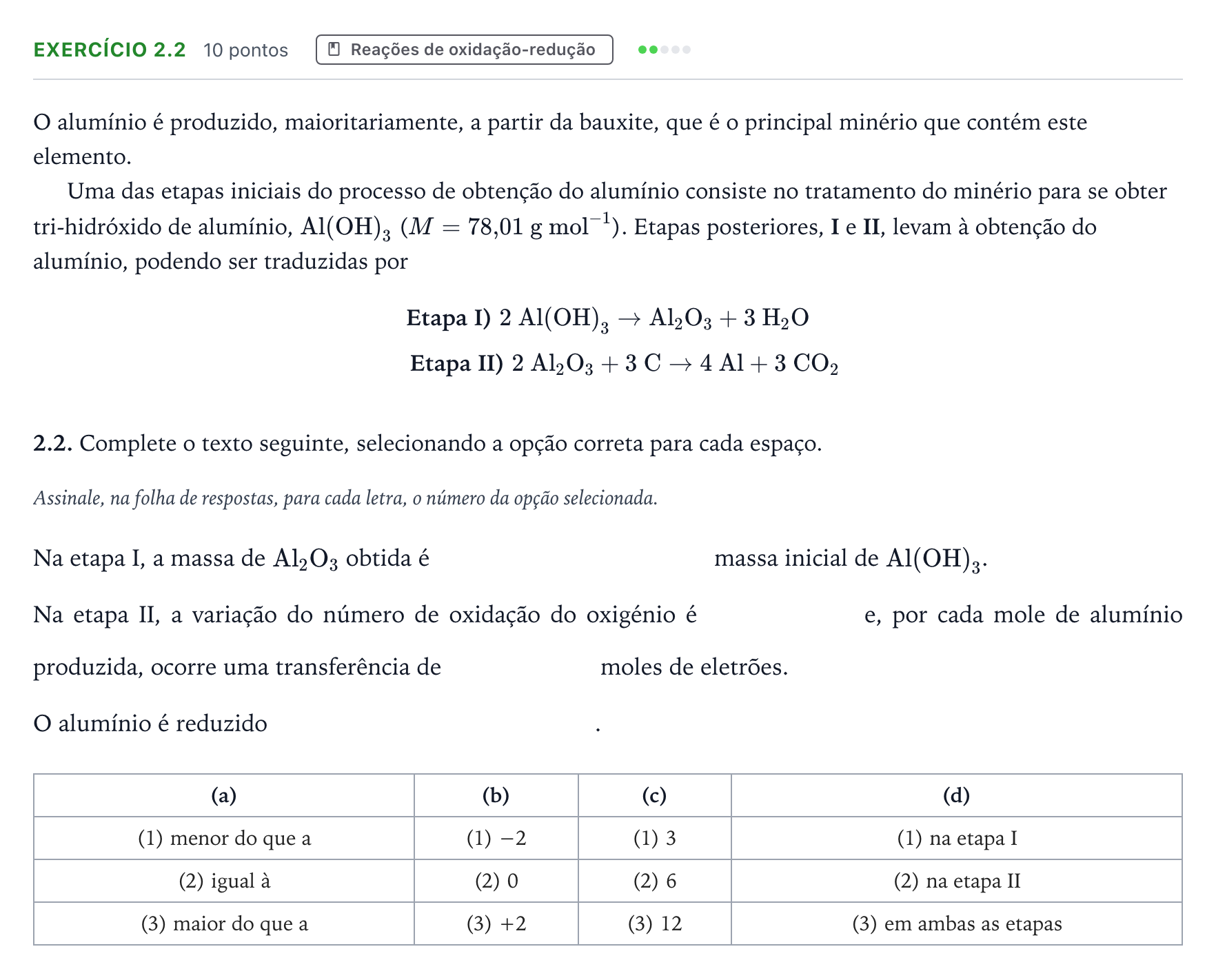 Enunciado: Exercício 2.2 · Exame Nacional Física e Química A 2.ª fase 2026