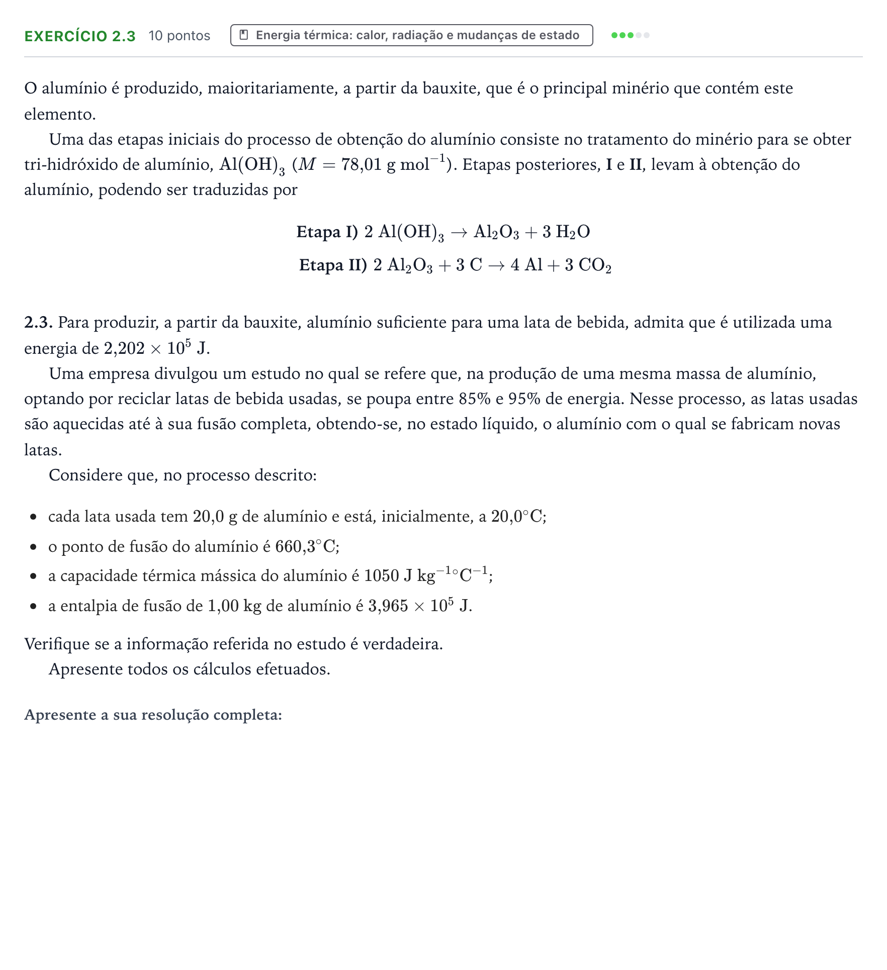 Enunciado: Exercício 2.3 · Exame Nacional Física e Química A 2.ª fase 2026