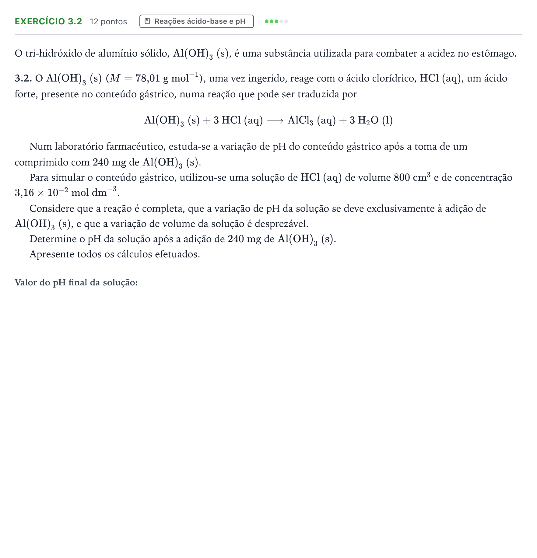 Enunciado: Exercício 3.2 · Exame Nacional Física e Química A 2.ª fase 2026